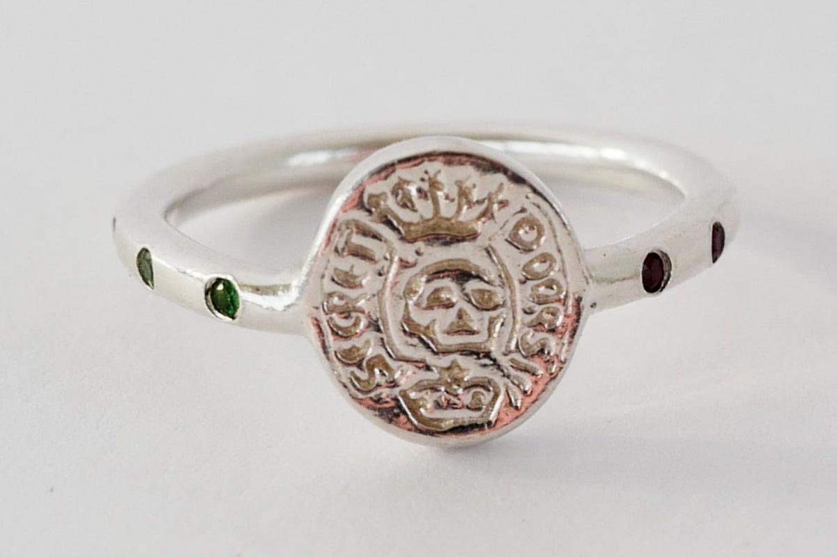 Victorian Memento Mori Style Crest Signet Skull Ring Emerald Ruby Silver J Dauphin For Sale