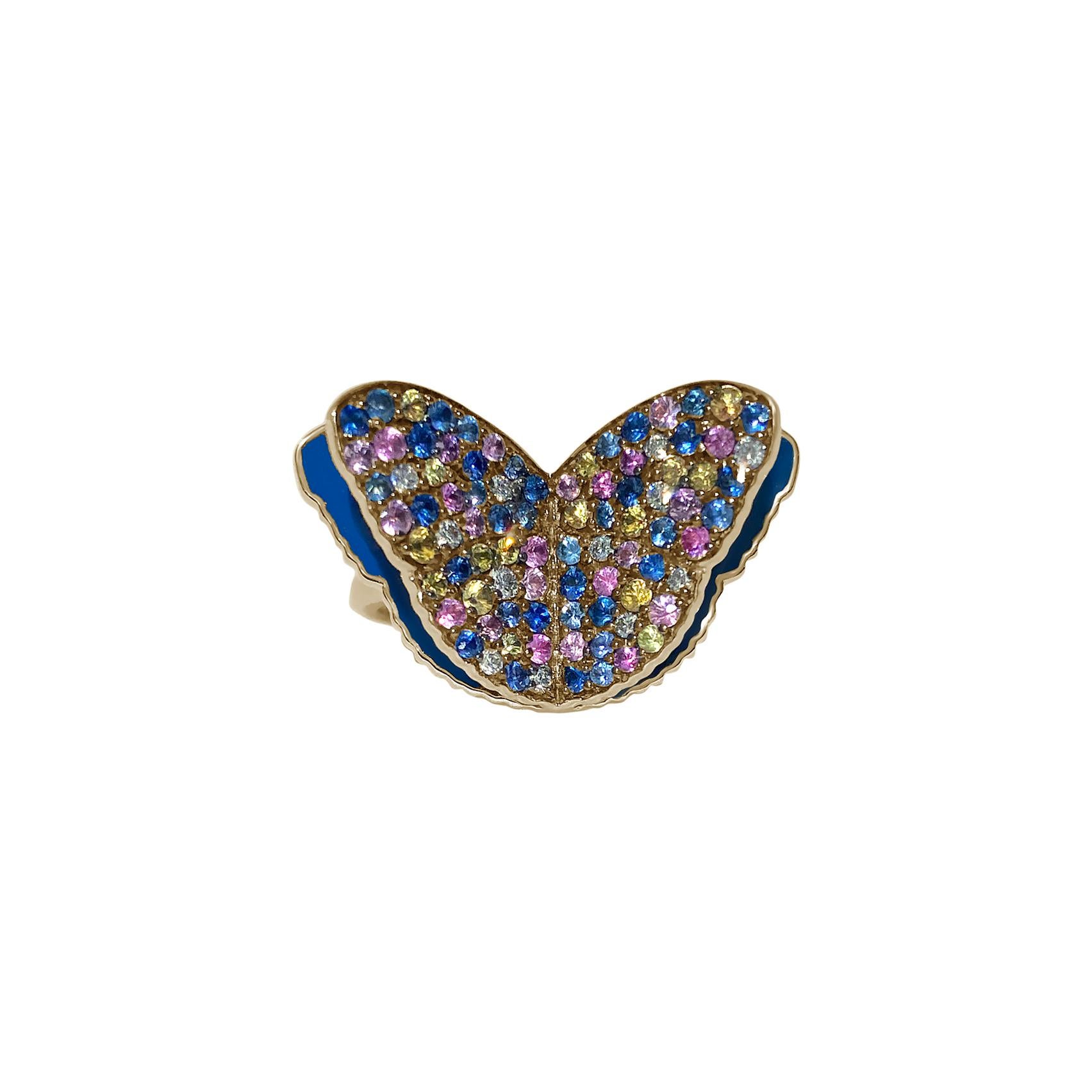 Brilliant Cut Memento Pave Blue Sapphire and Diamond Butterfly Ring White Gold MEGA