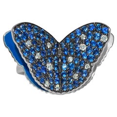 Memento Pave Blue Sapphire and Diamond Butterfly Ring White Gold MEGA