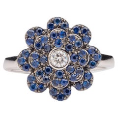 Memento Pave Blue Sapphire Flower Ring with Diamond Center in White Gold Medium