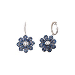 Memento Pave Blue Sapphire Flower with Diamond Center Dangle Earring LARGE