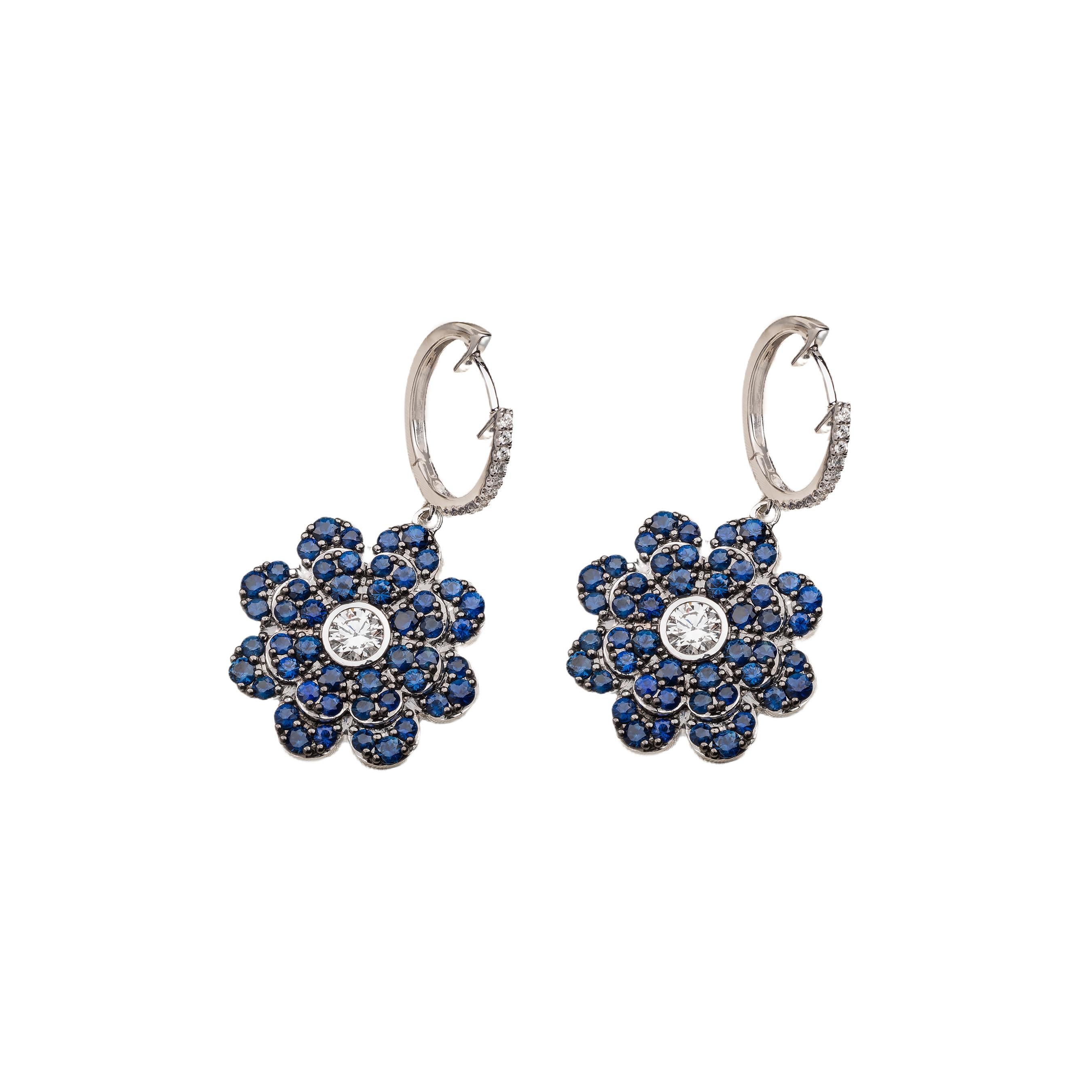 Memento Pave Blue Sapphire Flower with Diamond Center Dangle Earring LARGE In New Condition For Sale In Houston, TX