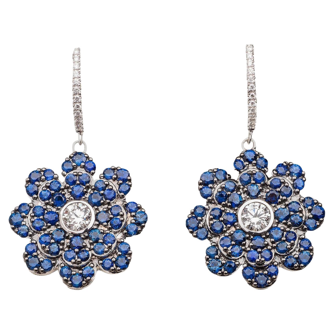 Memento Pave Blue Sapphire Flower with Diamond Center Dangle Earring LARGE For Sale