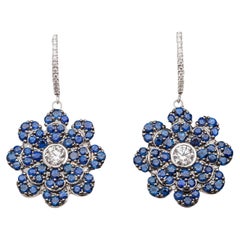 Memento Pave Blue Sapphire Flower with Diamond Center Dangle Earring LARGE
