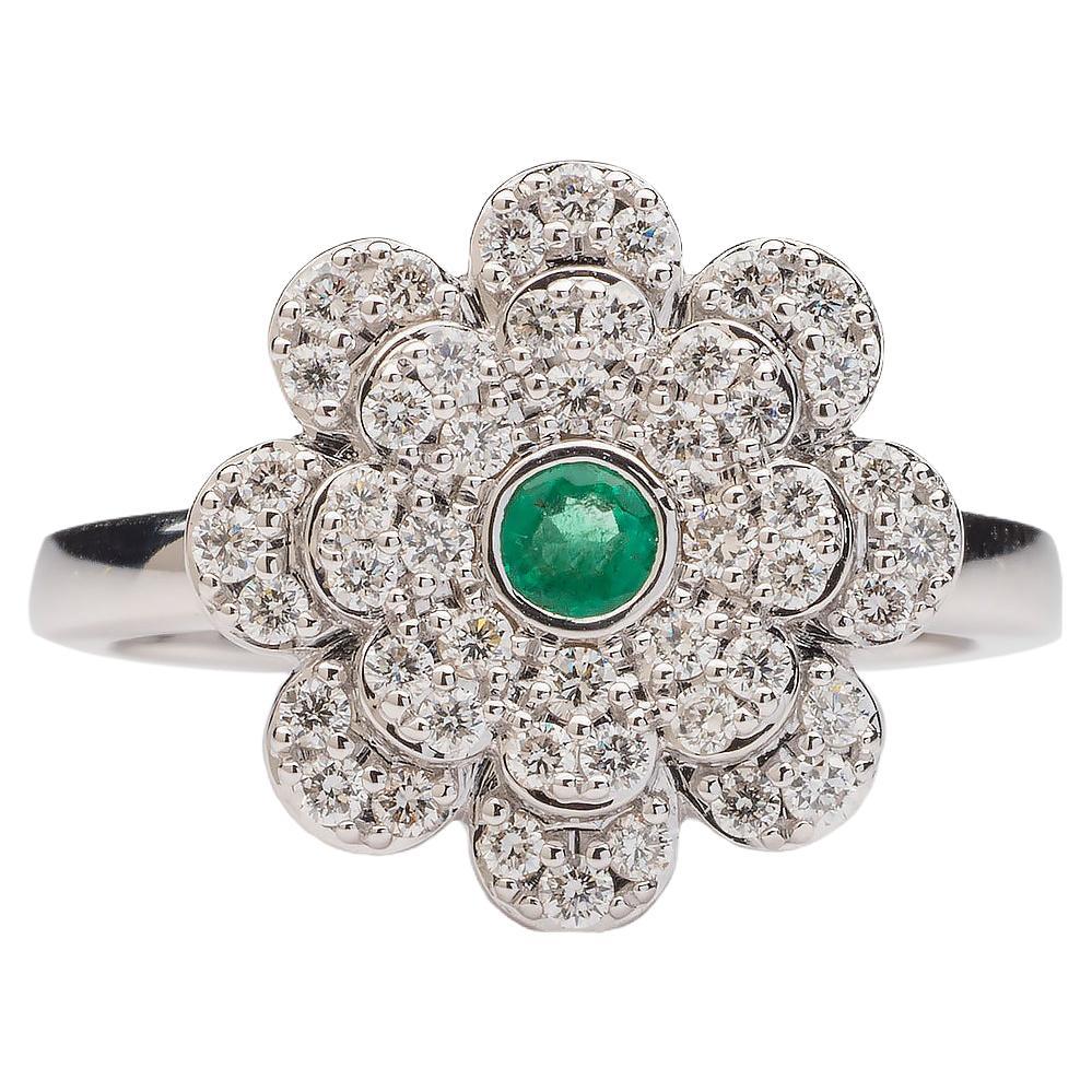 Memento Pave Diamond Flower Ring with Emerald Center in White Gold Medium