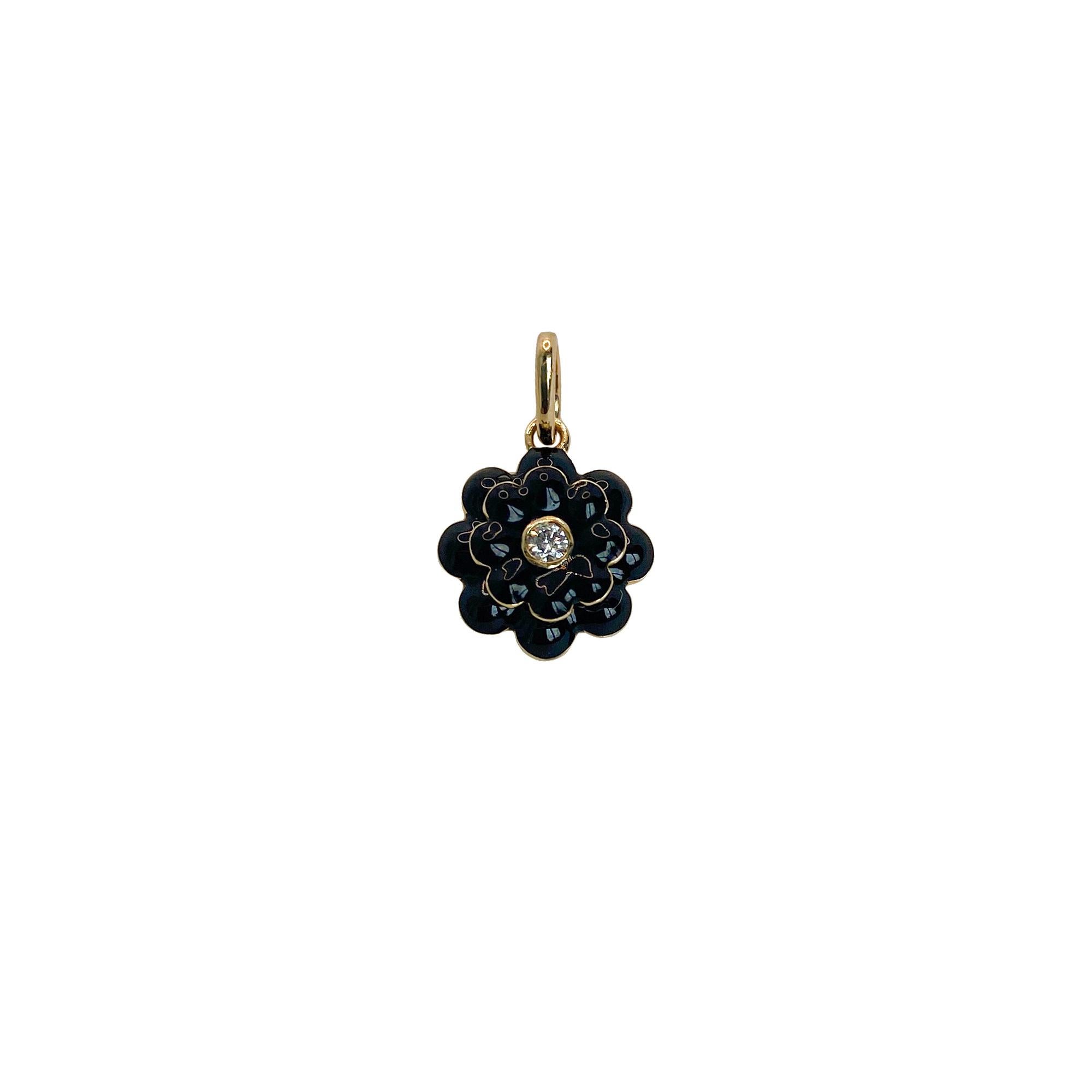 Memento Single Diamond and Black and White Enamel Flower Charm Pendant In New Condition For Sale In Houston, TX