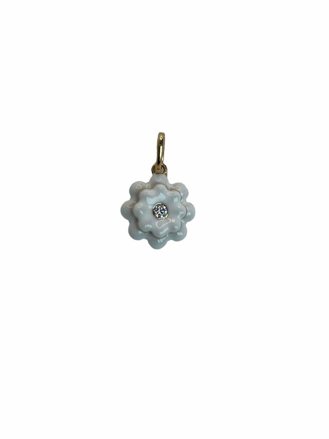 Women's or Men's Memento Single Diamond and Black and White Enamel Flower Charm Pendant For Sale