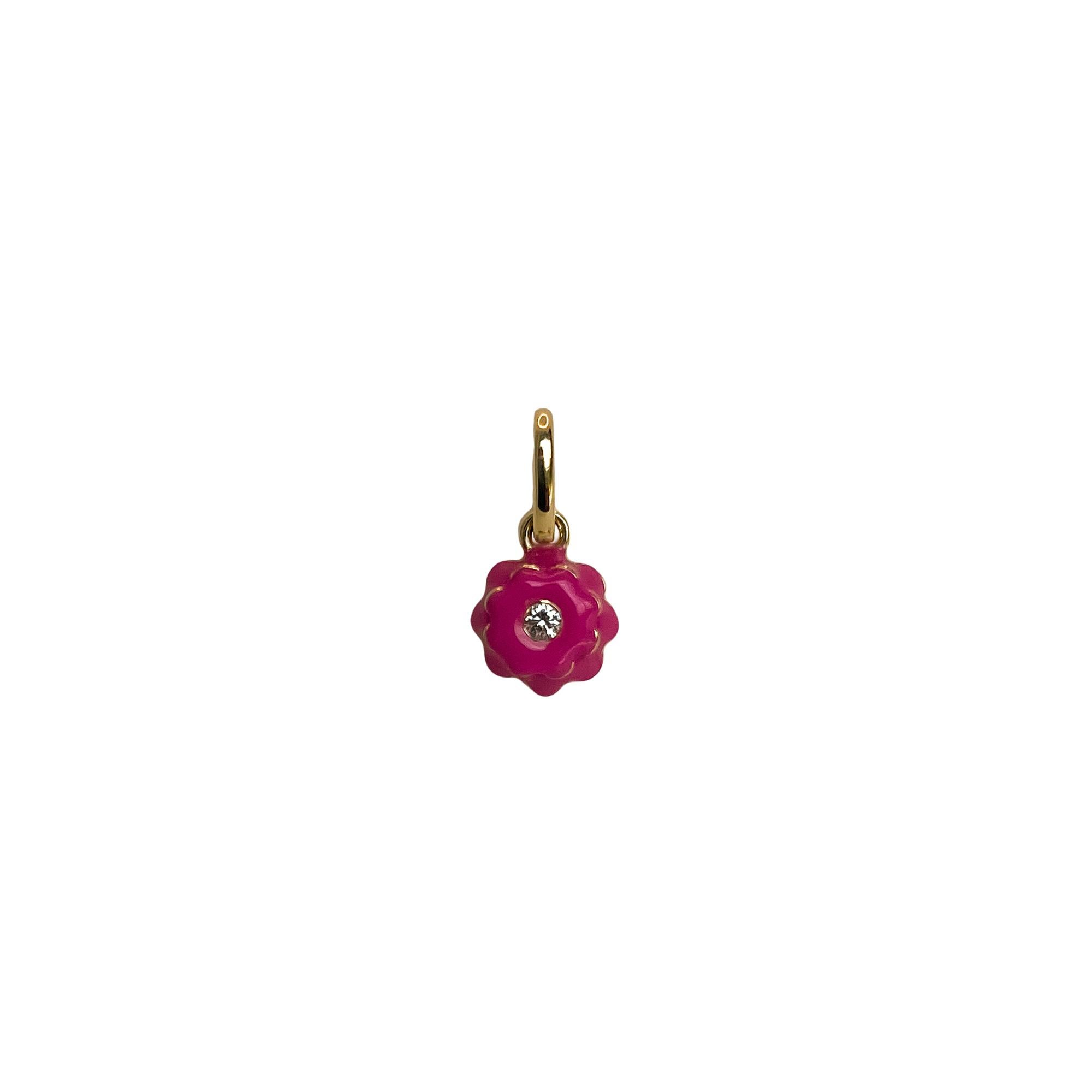 Women's or Men's Memento Single Diamond and Red Enamel Flower Charm Pendant MINI For Sale