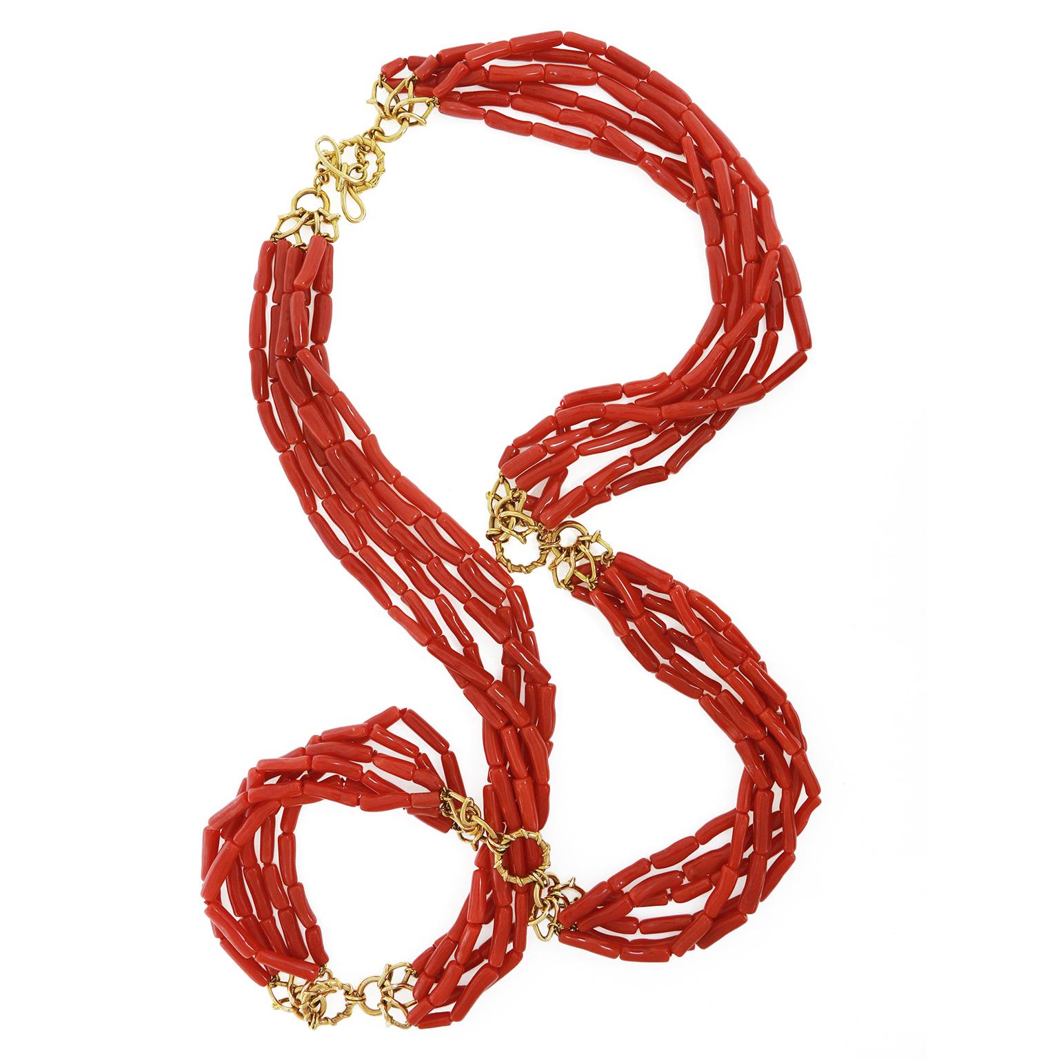 Bead Memmetti Coral Strand 18K Yellow Gold Necklace For Sale