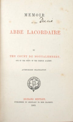 Memoir of the Abbé Lacordaire by the Count De Montalembert, First Edition