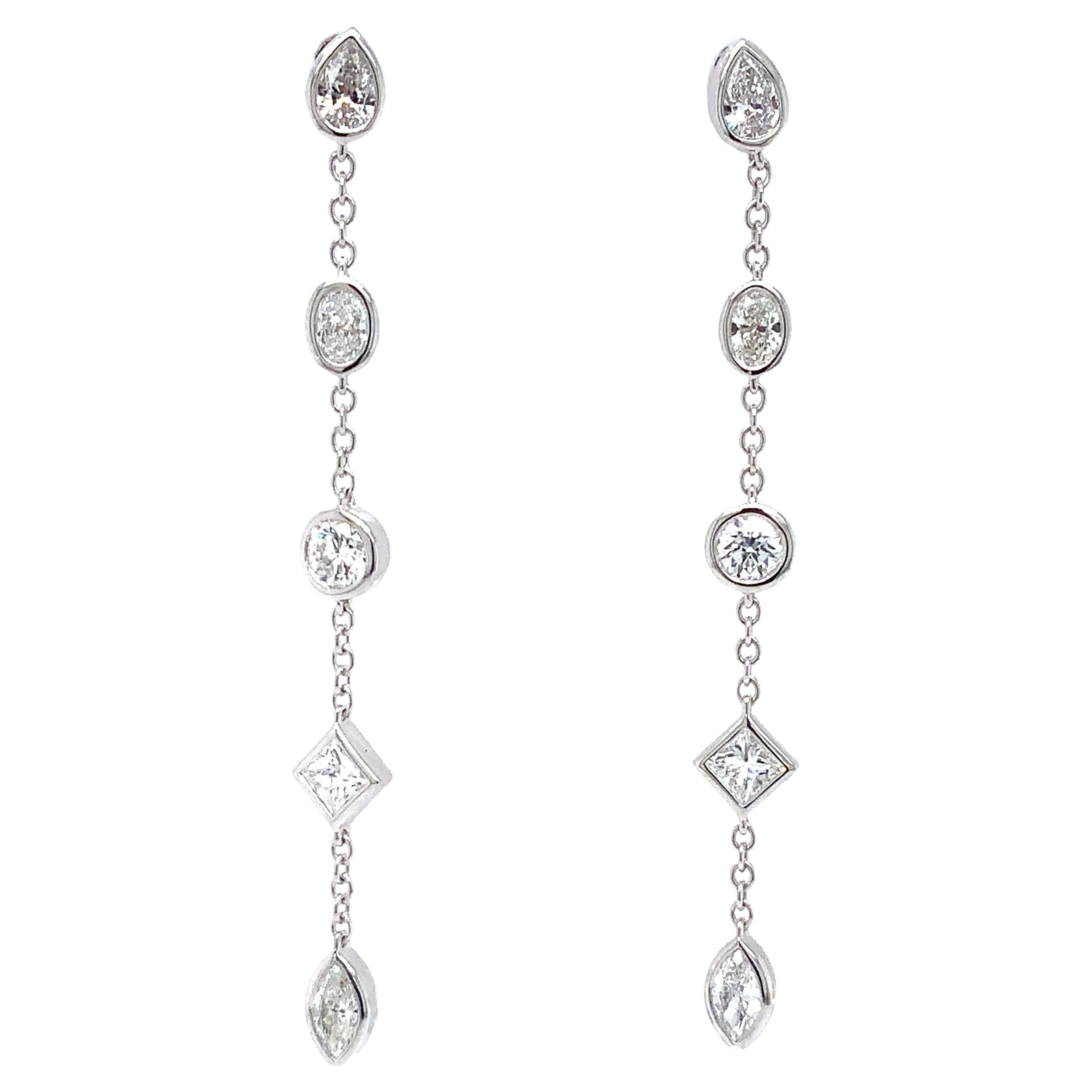 Memoire Cascade Mixed Cut Fancy Shaped Diamond Drop Earrings 18k White Gold For Sale
