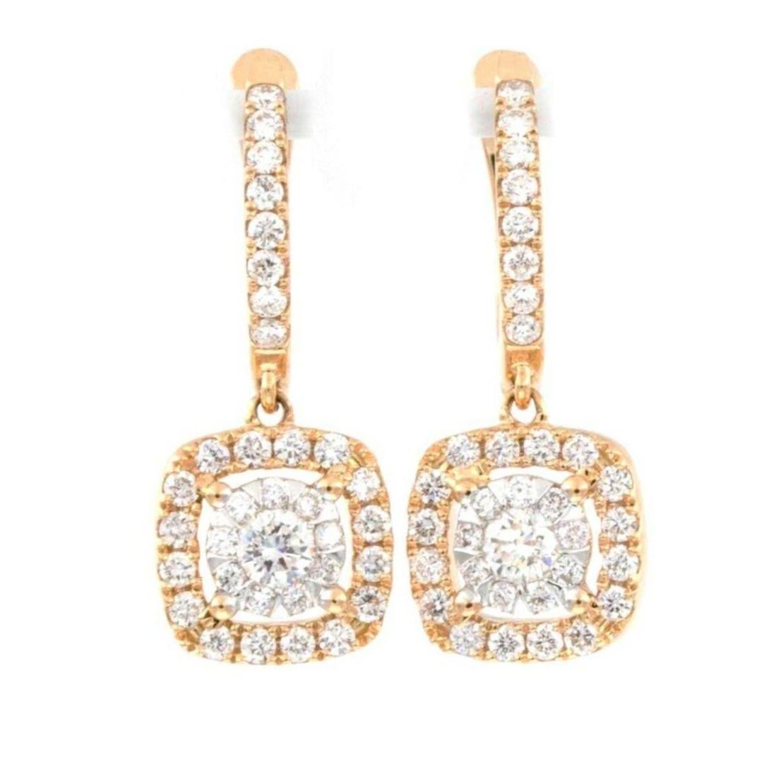 Memoire Diamond Bouquet Collection Earrings  18kt Rose gold and Diamond Drop Bouquet Earrings. These Diamond earrings have lever back closure and the drop articulates from the diamond wire and it's 8.95 mm square outside dimensions on the halo. 1.98