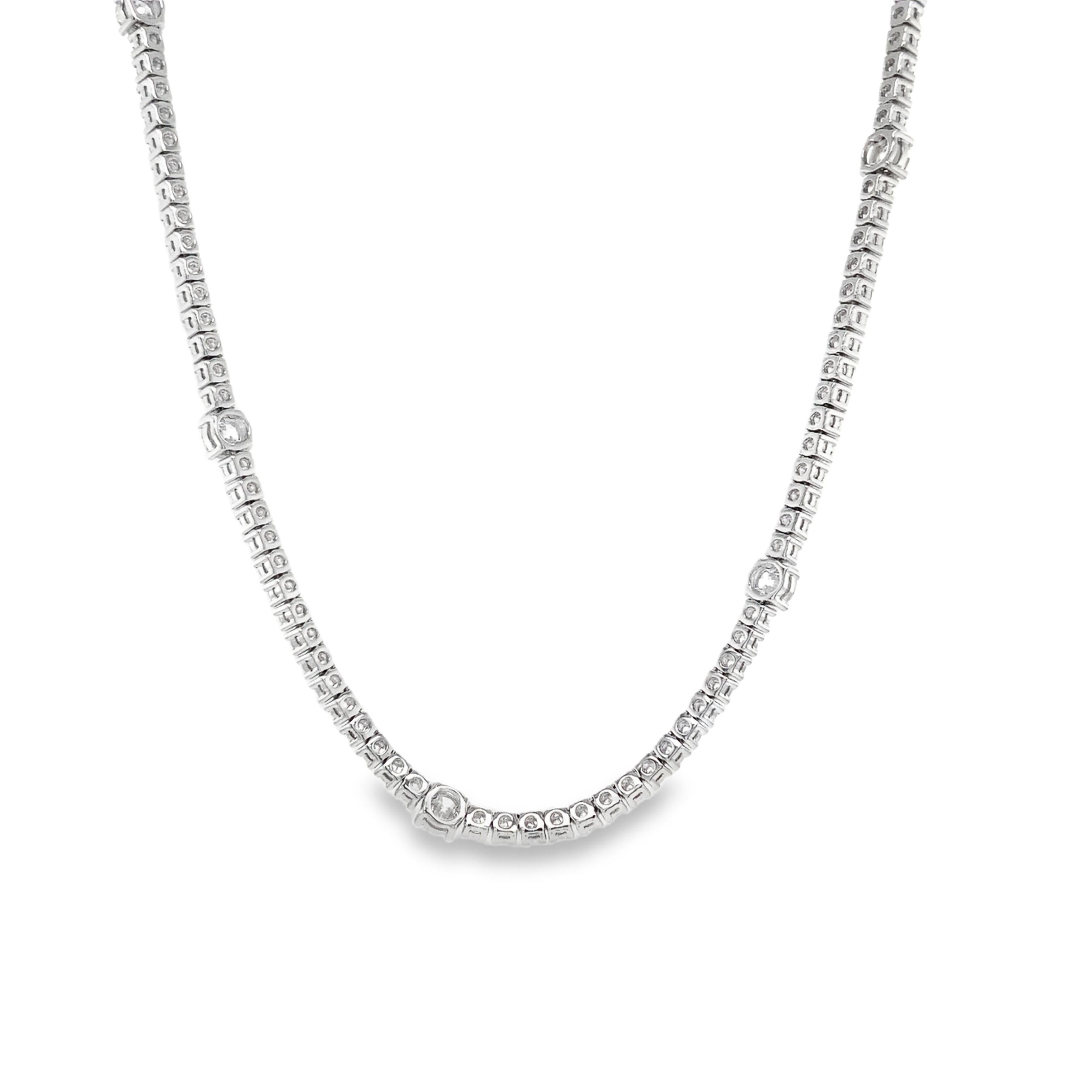 Women's Memoire Diamond Station Tennis Necklace 18 Karat White Gold 7.09 cts Diamond For Sale