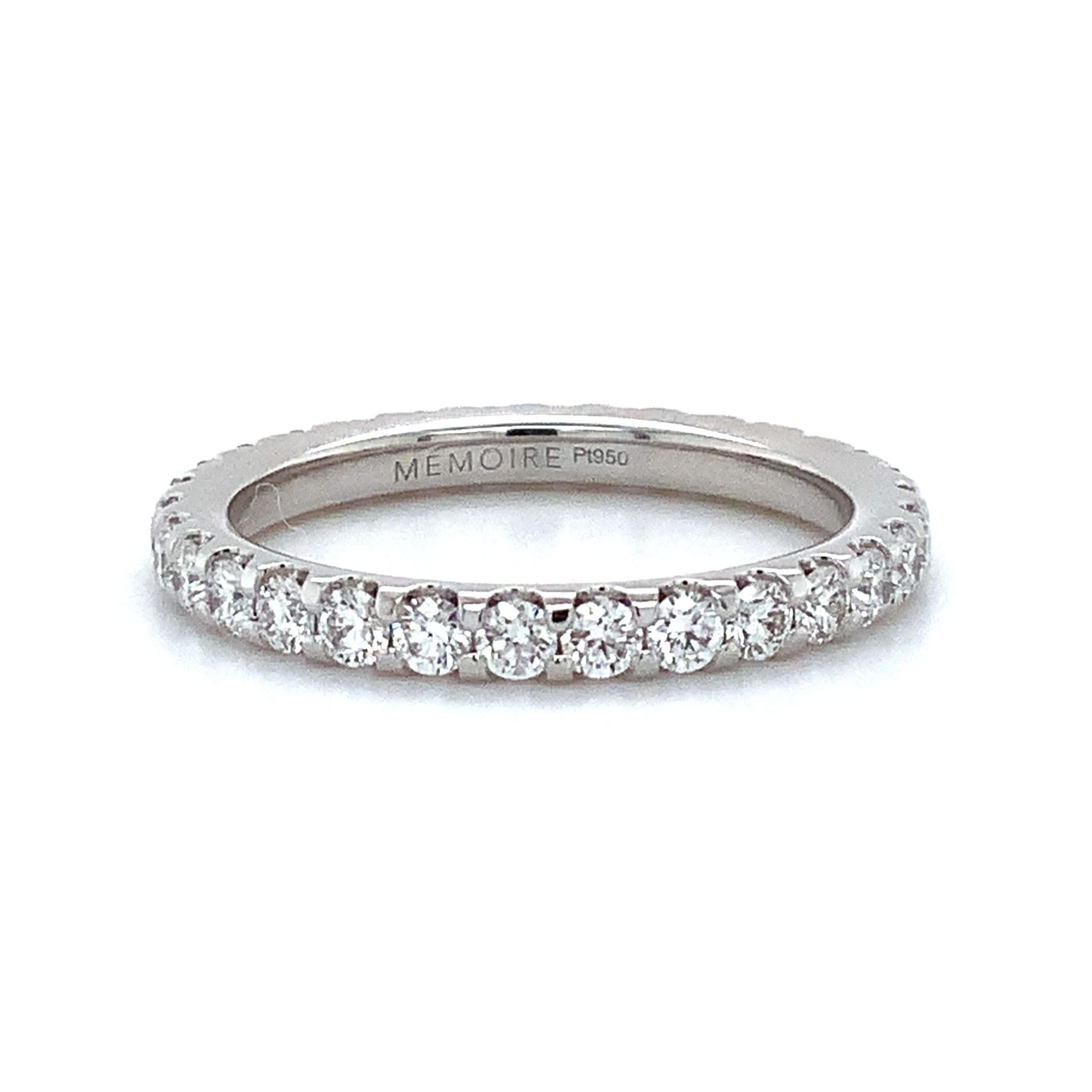 The Memoire Odessa Collection Diamond Eternity Band Set in Platinum features 30 Round Brilliant Cut Diamonds totaling 1.04ct. tw. The stones are F Color with VS1 Clarity. This ring is 2.45mm wide and weighs 3.6 grams; it is available in a finger