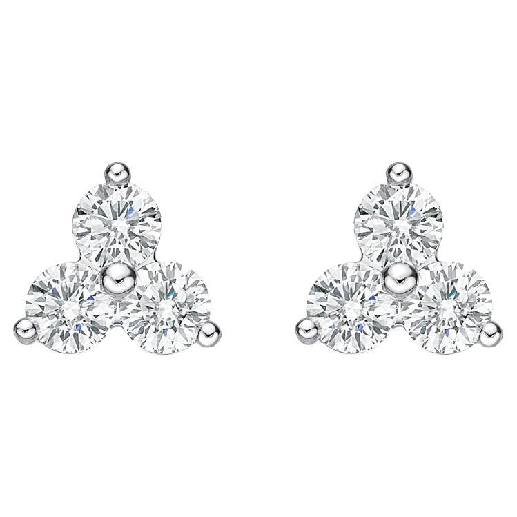 Memoire Trinity Collection 3 Stone Diamond Studs 0.91ctw 18k White Gold For Sale