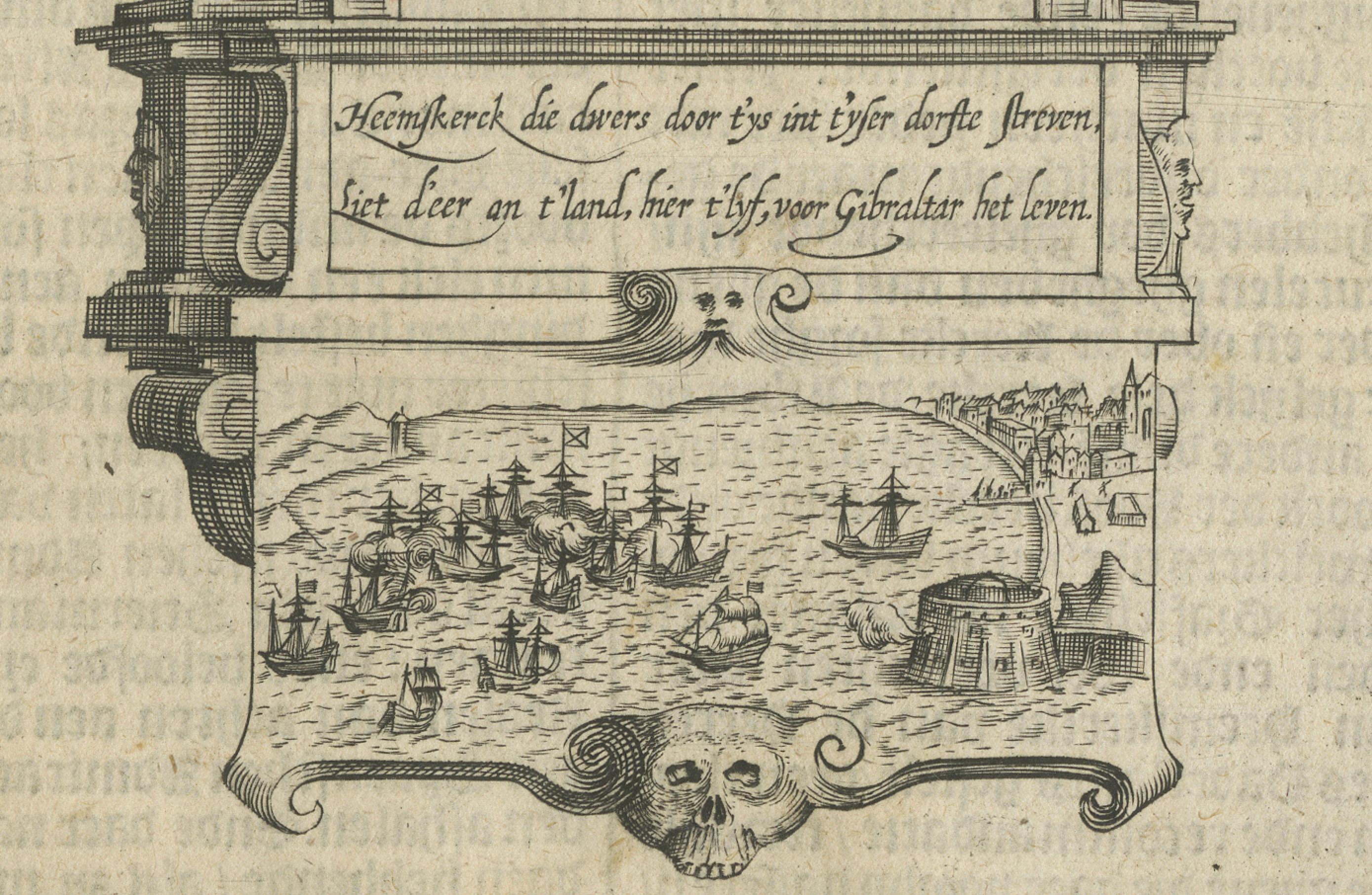 Engraved Memorial to Jacob van Heemskerck, Dutch Naval Hero at Gibraltar, Engraving, 1611 For Sale