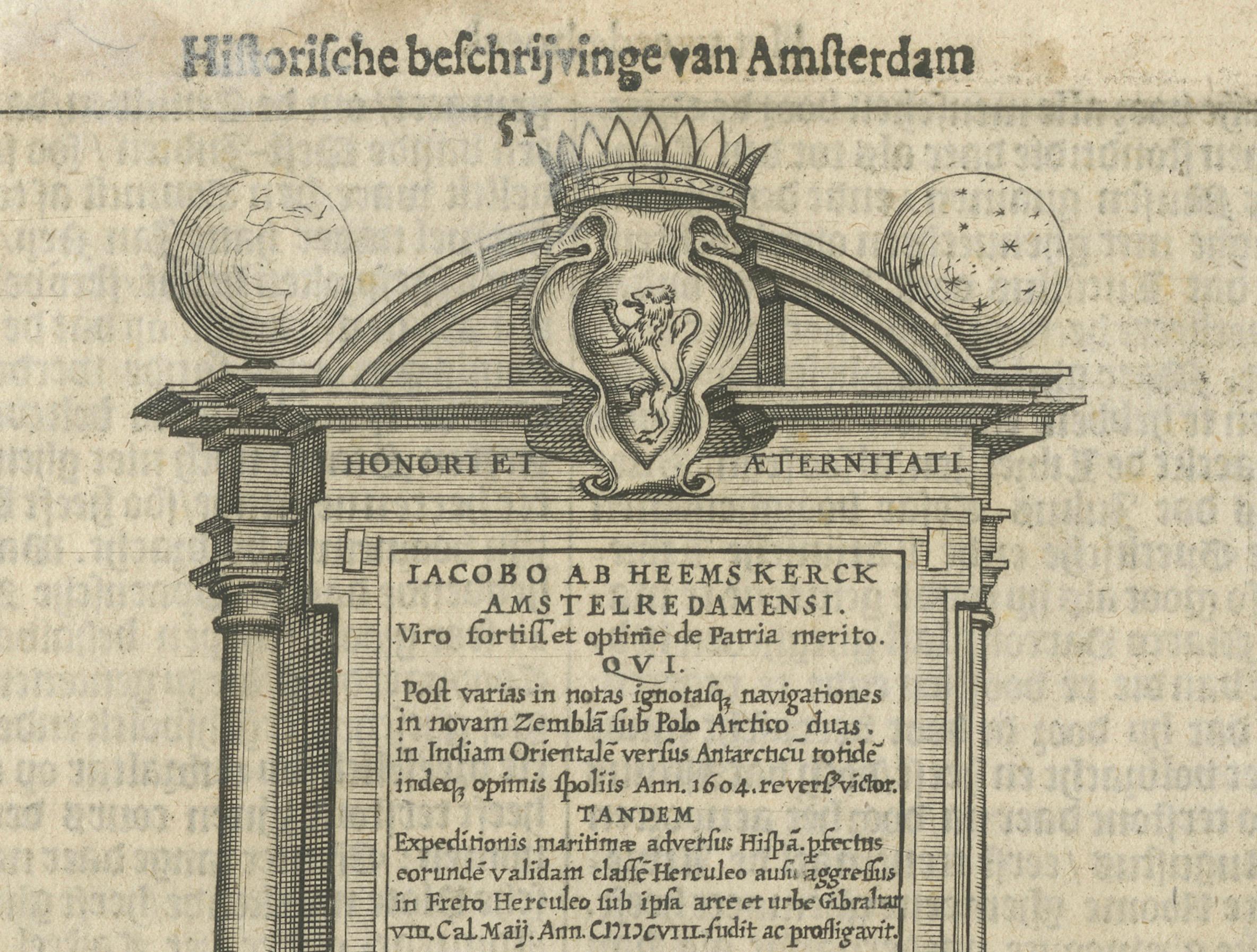 Memorial to Jacob van Heemskerck, Dutch Naval Hero at Gibraltar, Engraving, 1611 In Good Condition For Sale In Langweer, NL