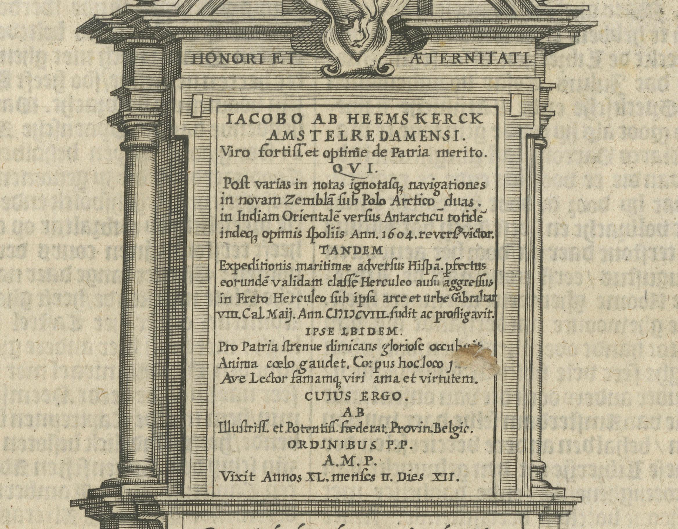 17th Century Memorial to Jacob van Heemskerck, Dutch Naval Hero at Gibraltar, Engraving, 1611 For Sale