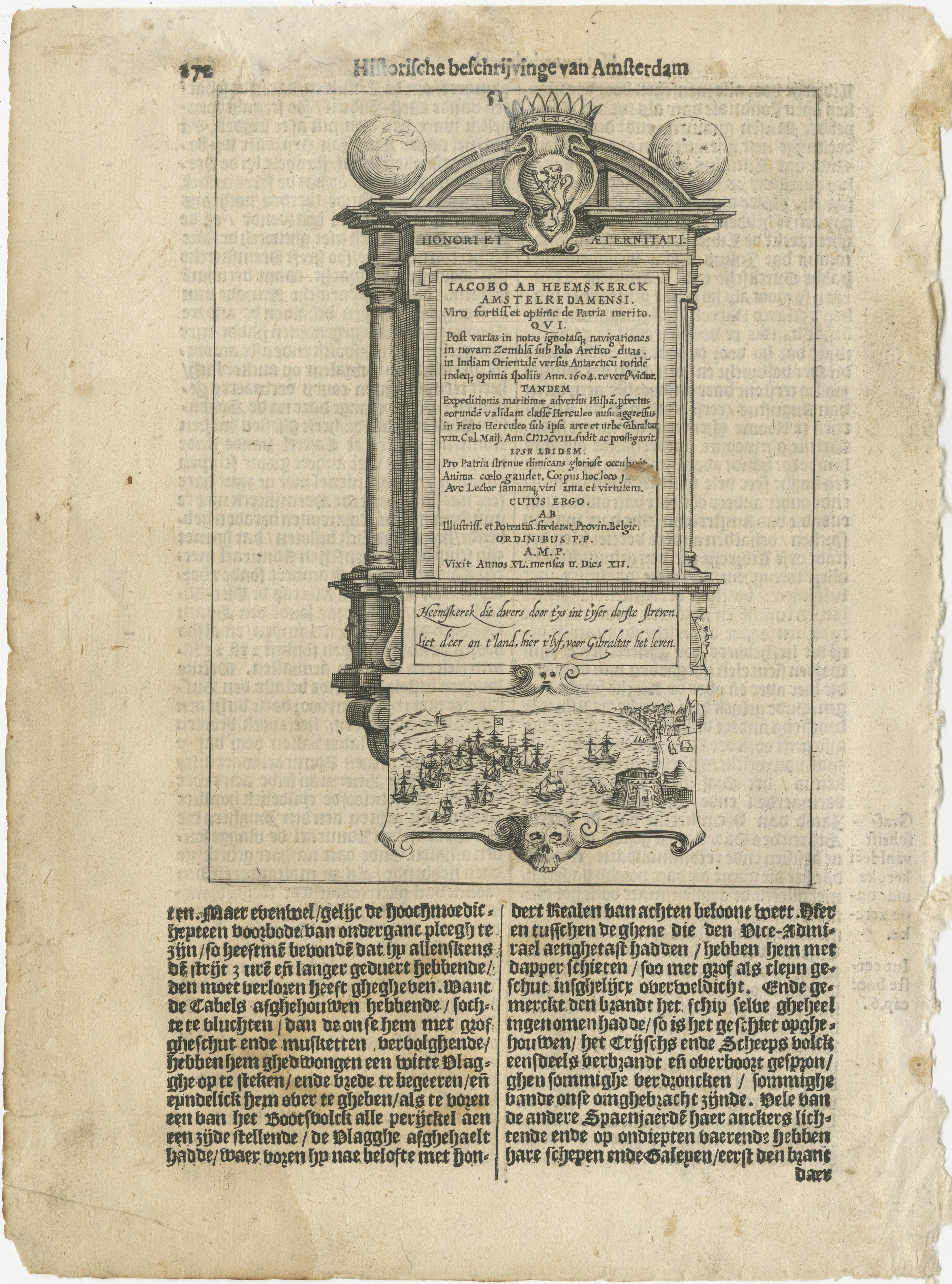 Paper Memorial to Jacob van Heemskerck, Dutch Naval Hero at Gibraltar, Engraving, 1611 For Sale
