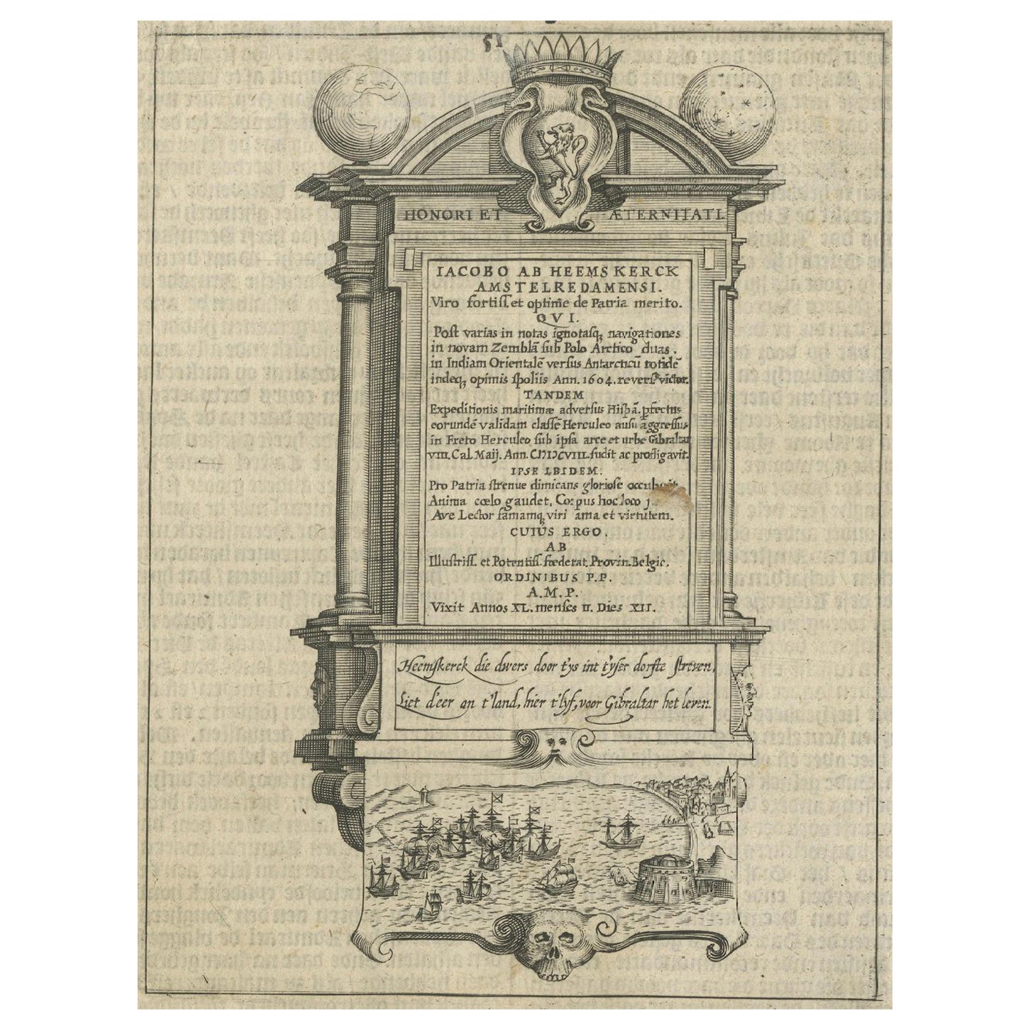 Memorial to Jacob van Heemskerck, Dutch Naval Hero at Gibraltar, Engraving, 1611 For Sale