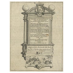 Antique Memorial to Jacob van Heemskerck, Dutch Naval Hero at Gibraltar, Engraving, 1611