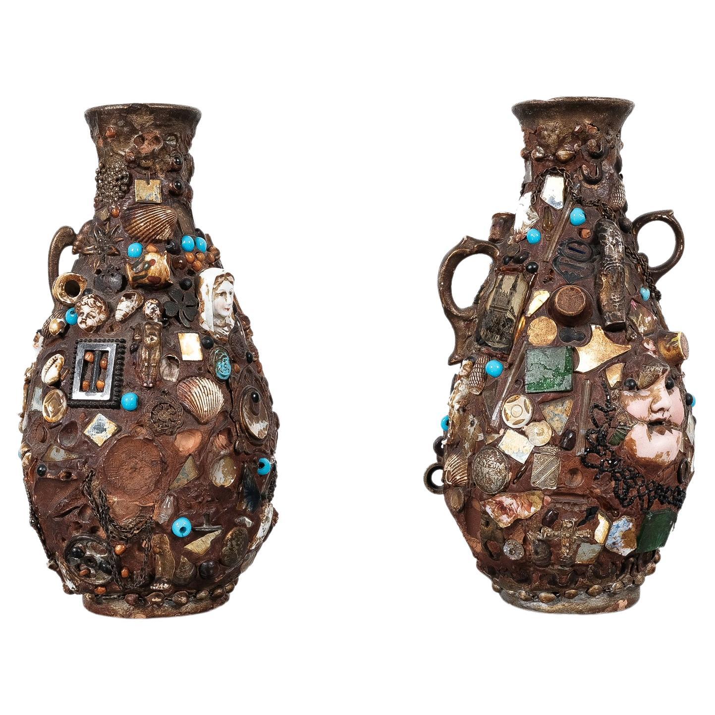 Memory Vases Jugs Early 20th Century Folk Art, Pair For Sale