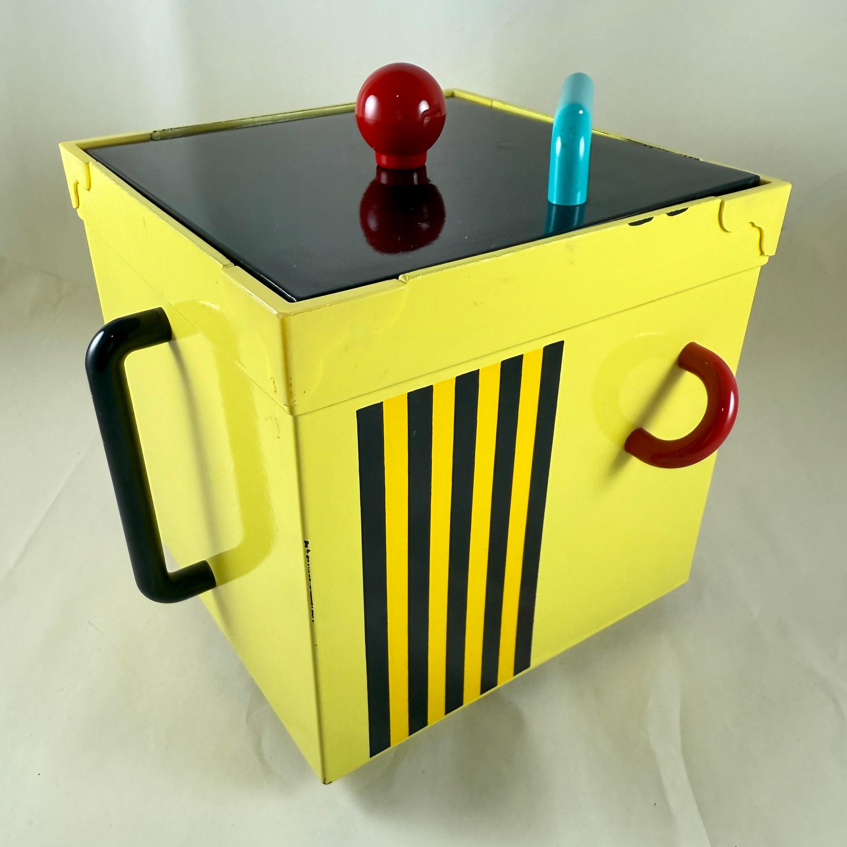 A Georges Briard Memphasis plastic-lacquer ice bucket in the Stripes pattern, inspired by the Memphis Art Movement, produced in Japan, 1985.

Georges Briard’s pieces from his Memphis period are sought after by collectors of Mid-Century Pop Art-style