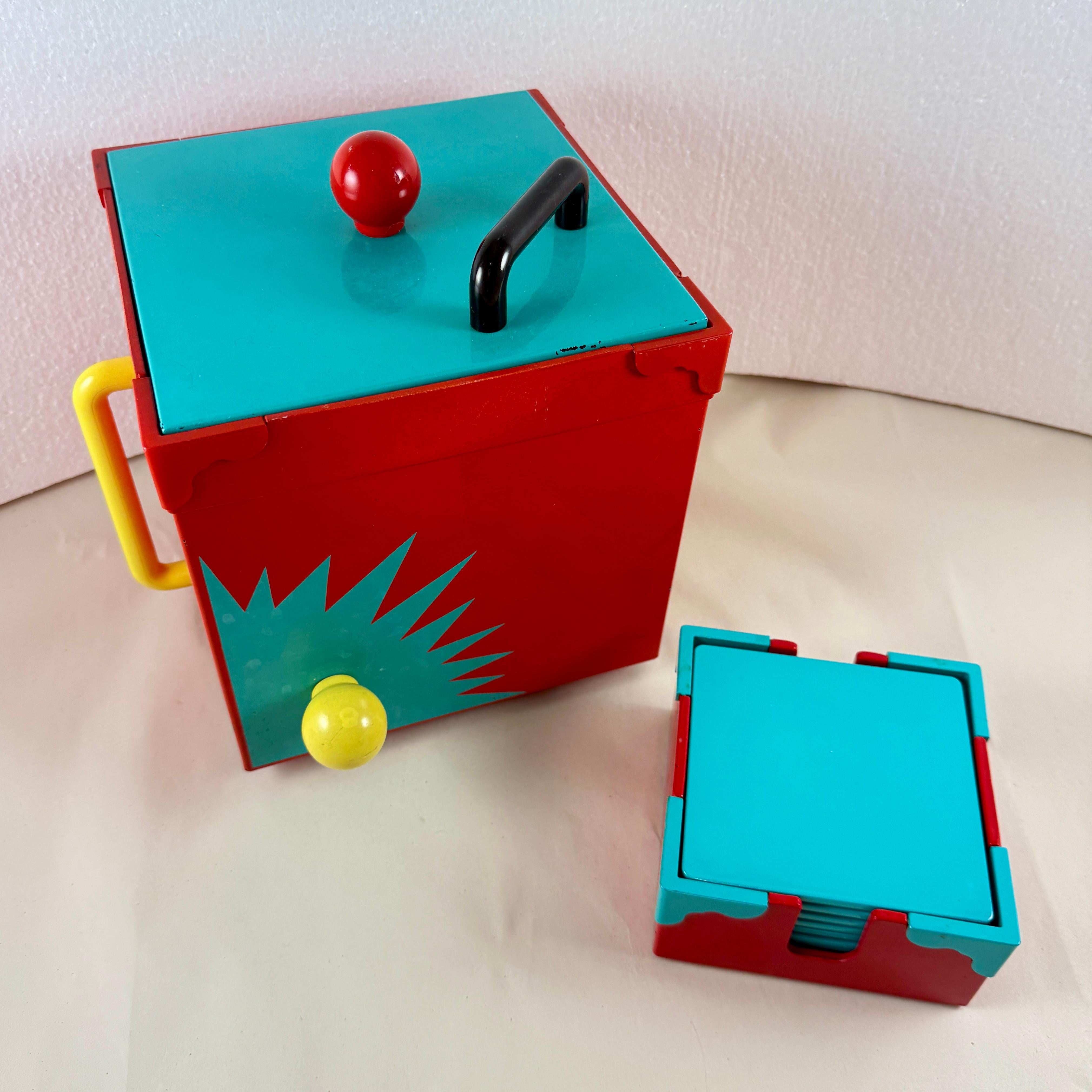 A Georges Briard Memphasis plastic-lacquer ice bucket in the Sunburst pattern, along with the corresponding coaster set, inspired by the Memphis Art Movement, produced in Japan, 1985.

Georges Briard’s pieces from his Memphis period are sought after