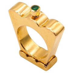 Vintage Memphis Design 1980 Geometric Sculptural Ring 18Kt Yellow Gold with Muzo Emerald
