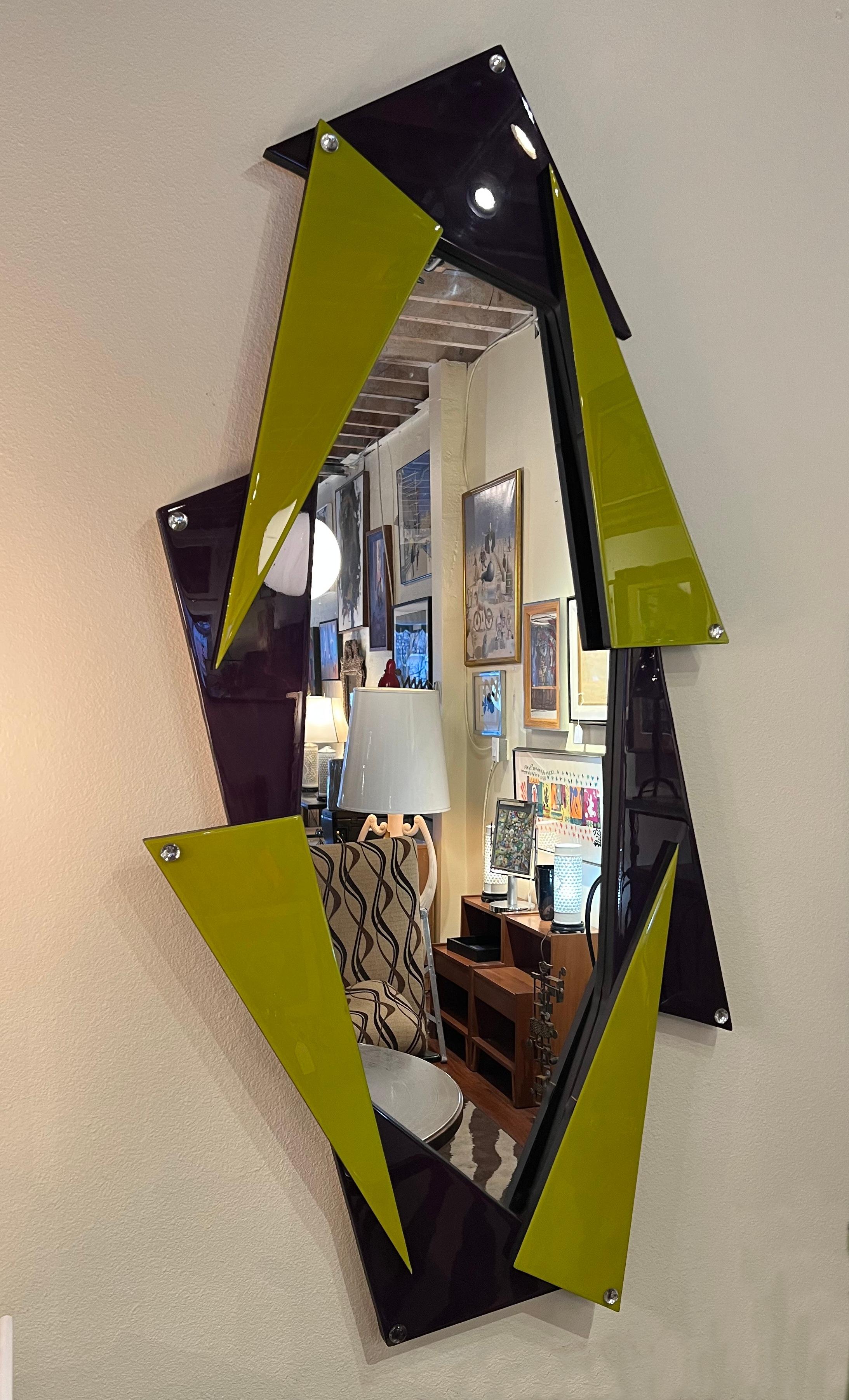 Post-Modern Memphis Design Oval Vertical Mirror in a Purple and Green Triangles Frame For Sale