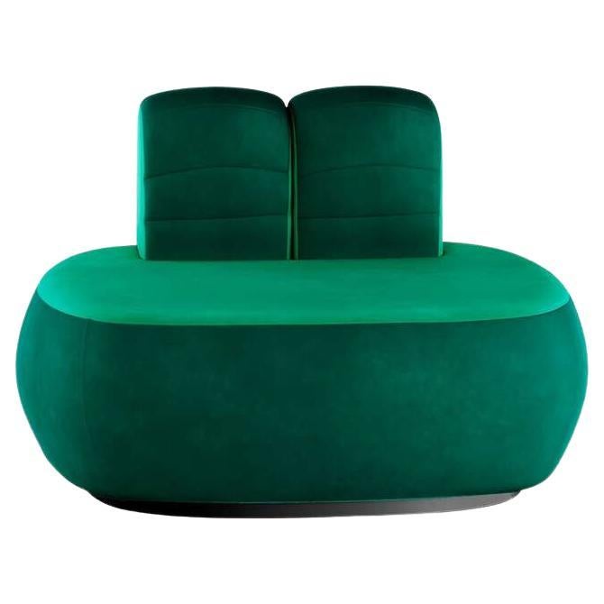 Memphis Design Style Plumy Armchair Upholstered in Green Velvet w Curved Shape For Sale