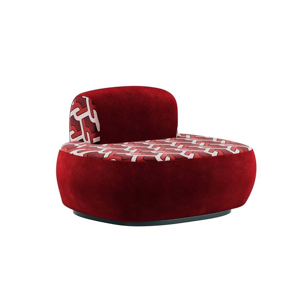 Memphis Design Style Plumy Armchair Upholstered in Red Velvet & Red Pattern

Vonkli Armchair I Ruby is a Memphis Design style plumy armchair with a large seat, a small backrest, and a metal base finished in gold. The vibrant color and the fabric’s
