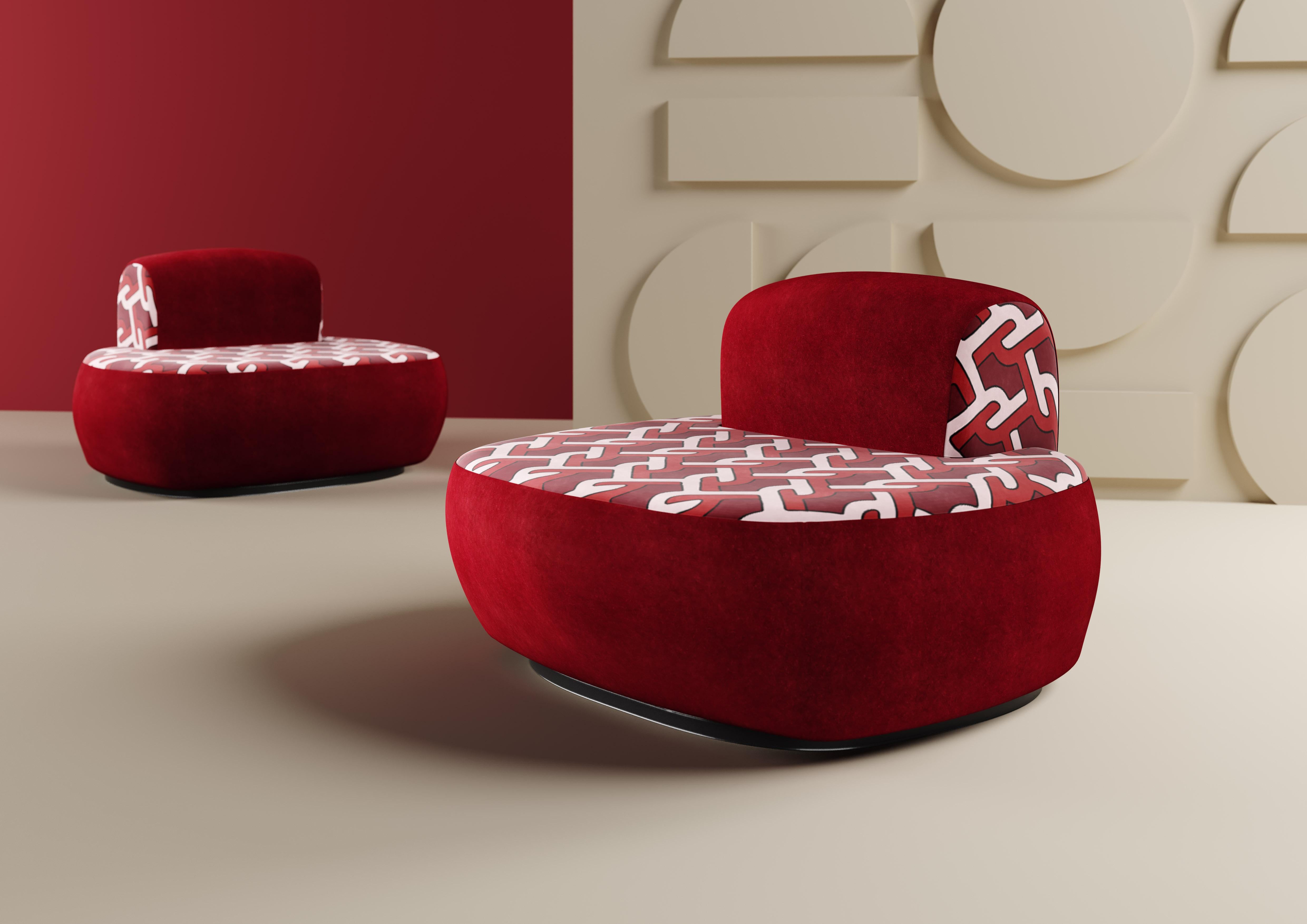 Plumy-Sessel im Memphis Design-Stil, gepolstert mit rotem Samt und rotem Muster (Moderne) im Angebot