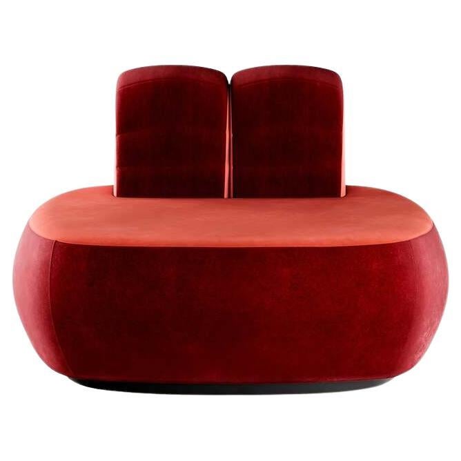 Memphis Design Style Plumy Armchair Upholstered in Red Velvet w Curved Shape For Sale