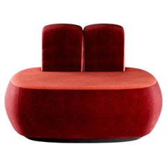 Memphis Design Style Plumy Armchair Upholstered in Red Velvet w Curved Shape