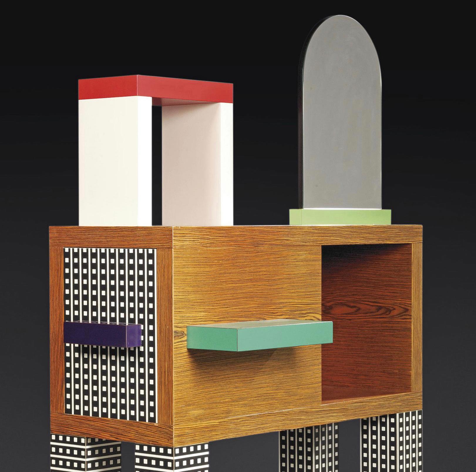 EMERALD Sideboard by Nathalie Du Pasquier - Memphis Milano

This stunning sideboard is a veritable masterwork of postmodernist art, designed in 1985 by Nathalie Du Pasquier. The wooden rectangular body is supported by four, plastic laminated pillars