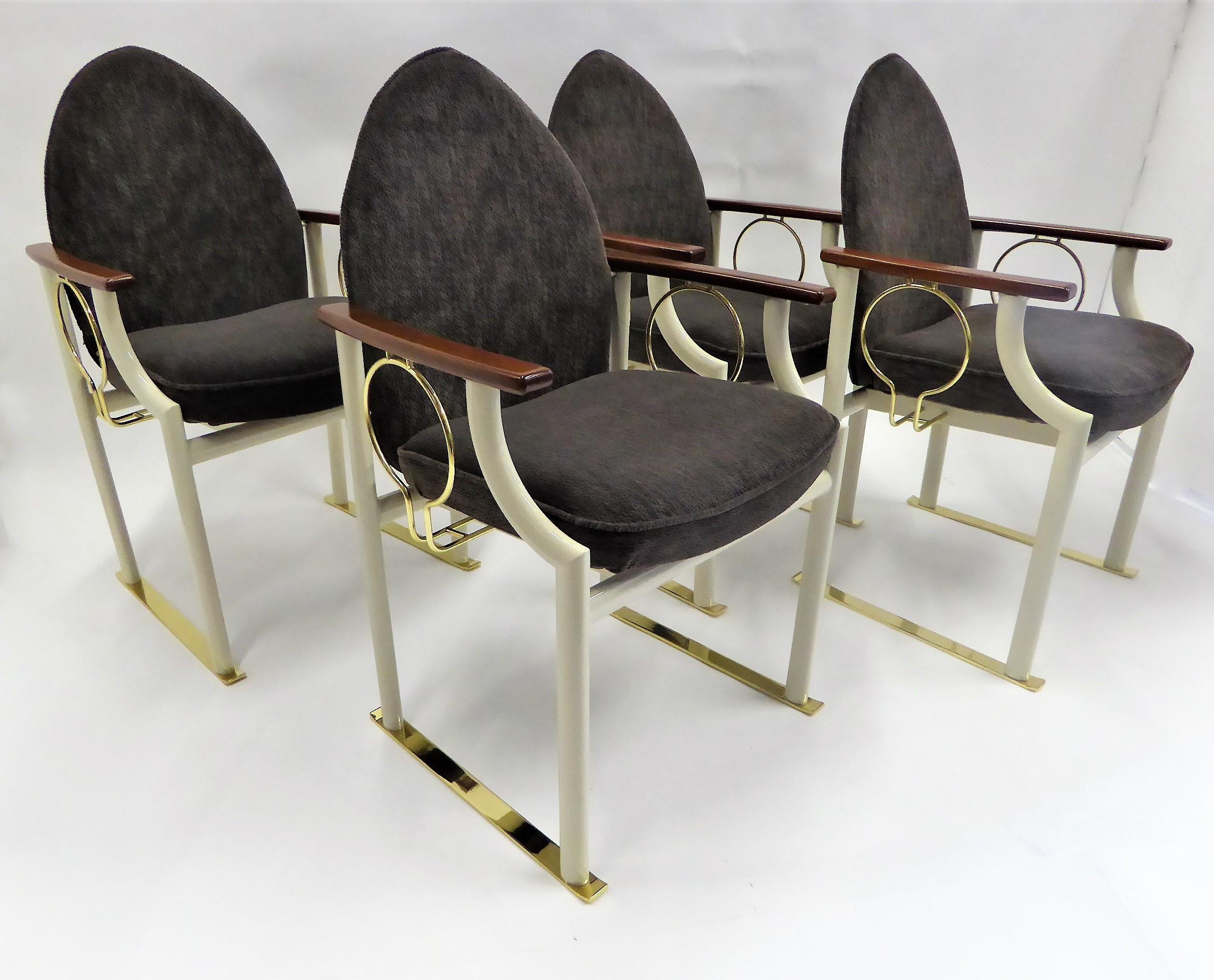 REDUCED FROM $4,250....,Unique dining or breakfast chairs or game table chairs. Memphis inspired arch backed with a lacquered tubular metal body with brass sled legs and circular brass under arm slats. Mahogany wood arms. Reupholstered in a rich and