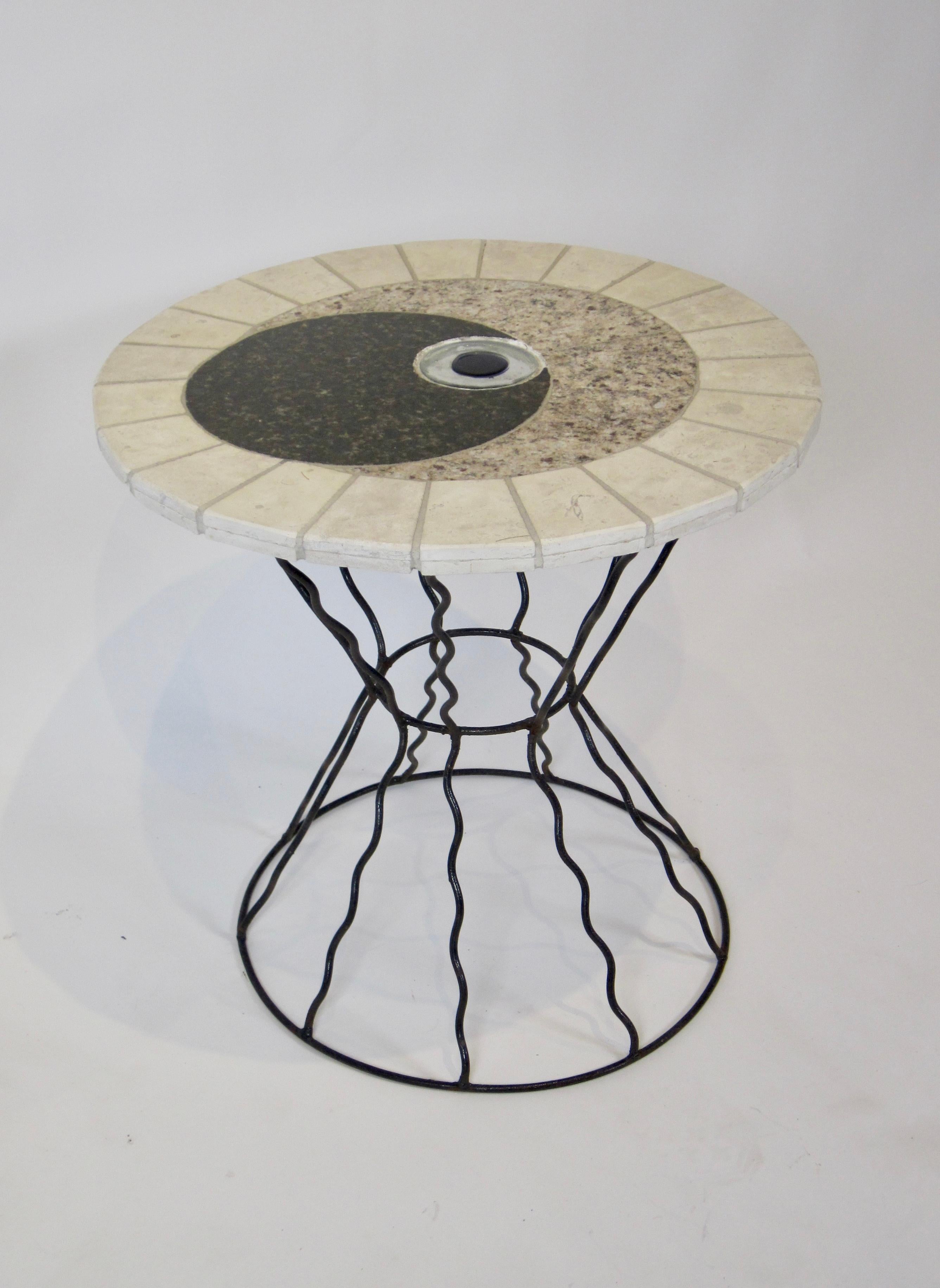 American Memphis Era Stone & Glass Table on Wrought Iron Base with Third Eye Design For Sale