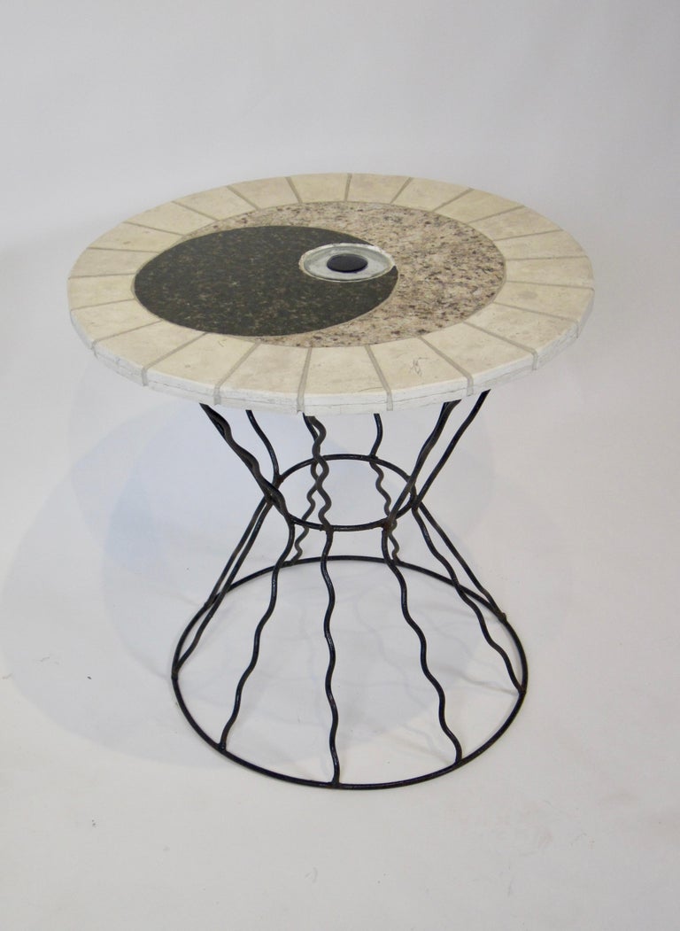 Memphis Era Stone and Glass Table on Wrought Iron Base with Third Eye Design For Sale at 1stDibs