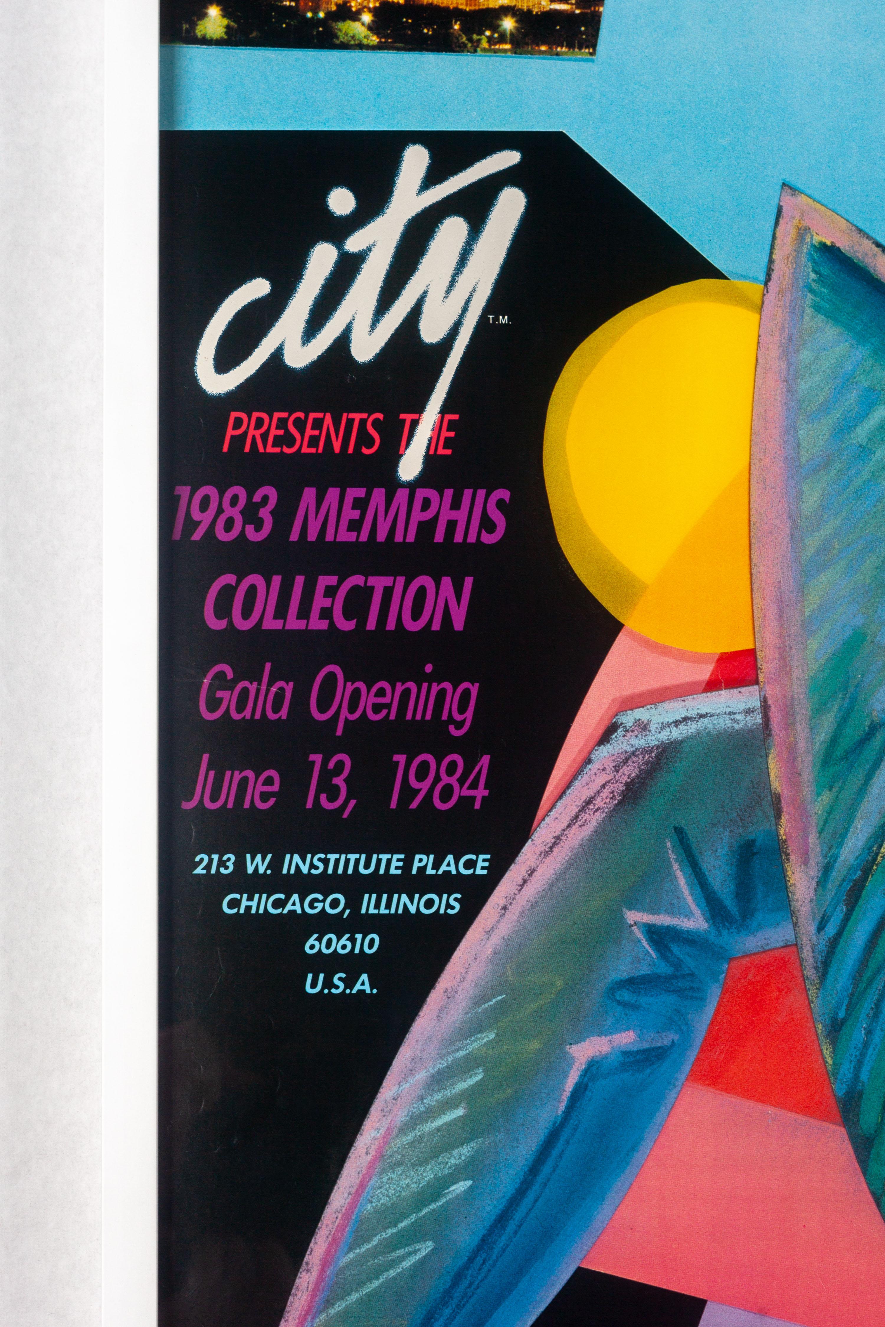 Iconic 1984 Memphis poster designed by Christopher Garland at Xeno design studio, with an illustration by Michael Glascott.

Designed for the 1984 Opening Gala event at the CITY store for the presentation of the first Memphis Collection in