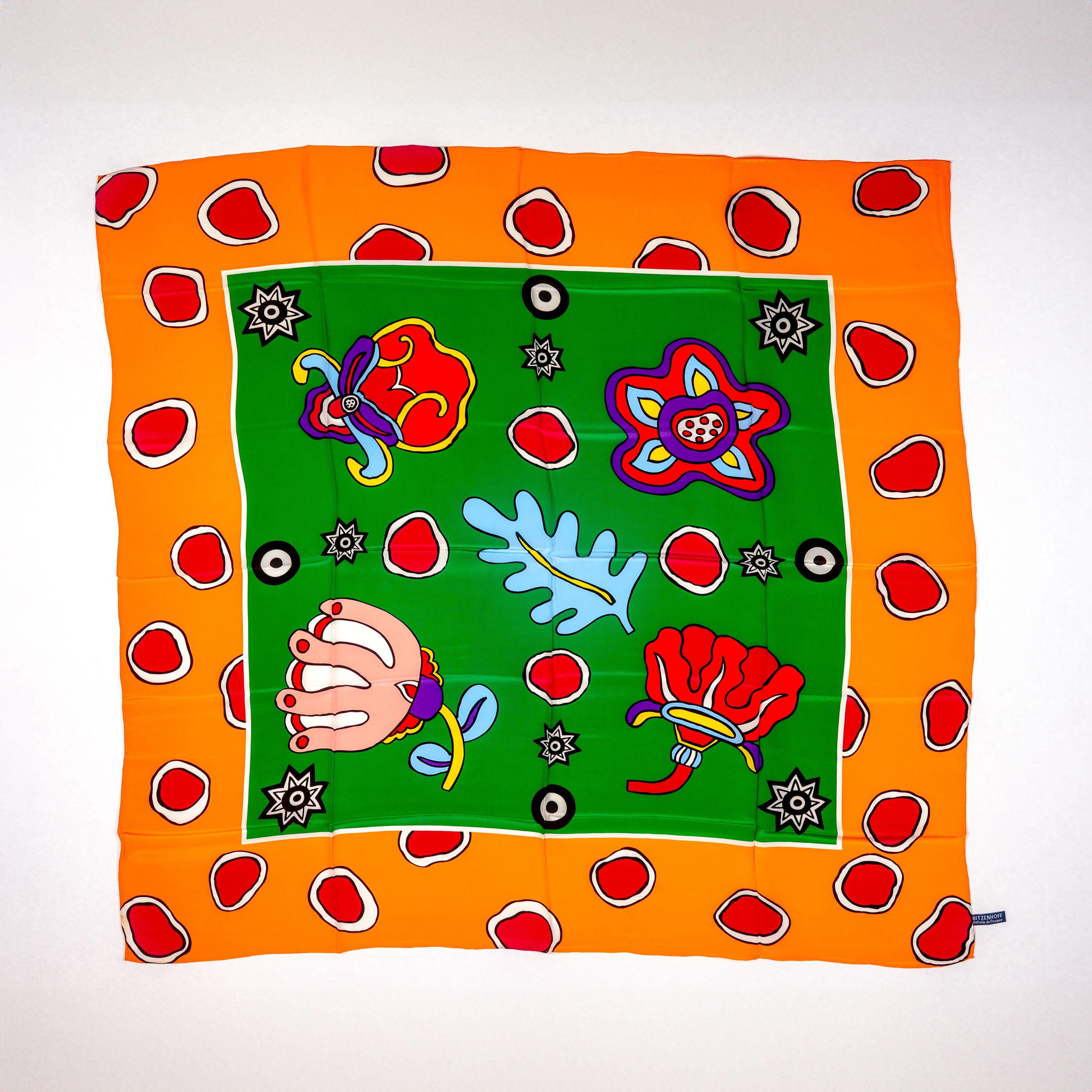 Floral Memphis silk scarf by Nathalie du Pasquier, circa 1980s, made by Ritzenhoff (Germany). New, never worn.
This silk scarf features a remarkable Memphis-style design with flowers and stars, characterized by its use of bright, contrasting colors