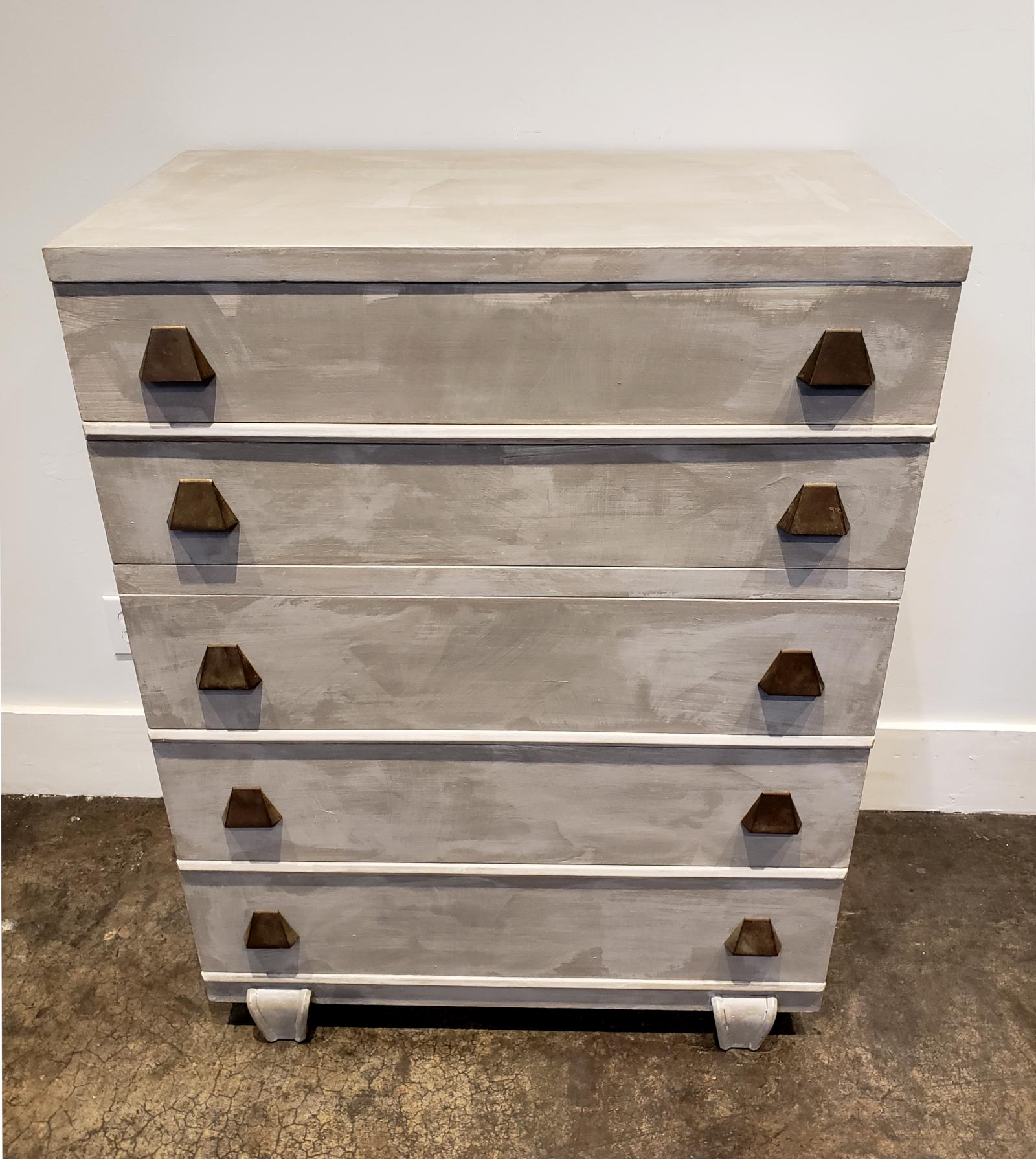 Modern Memphis Group Style Faux Concrete Chest with Brass Pulls For Sale