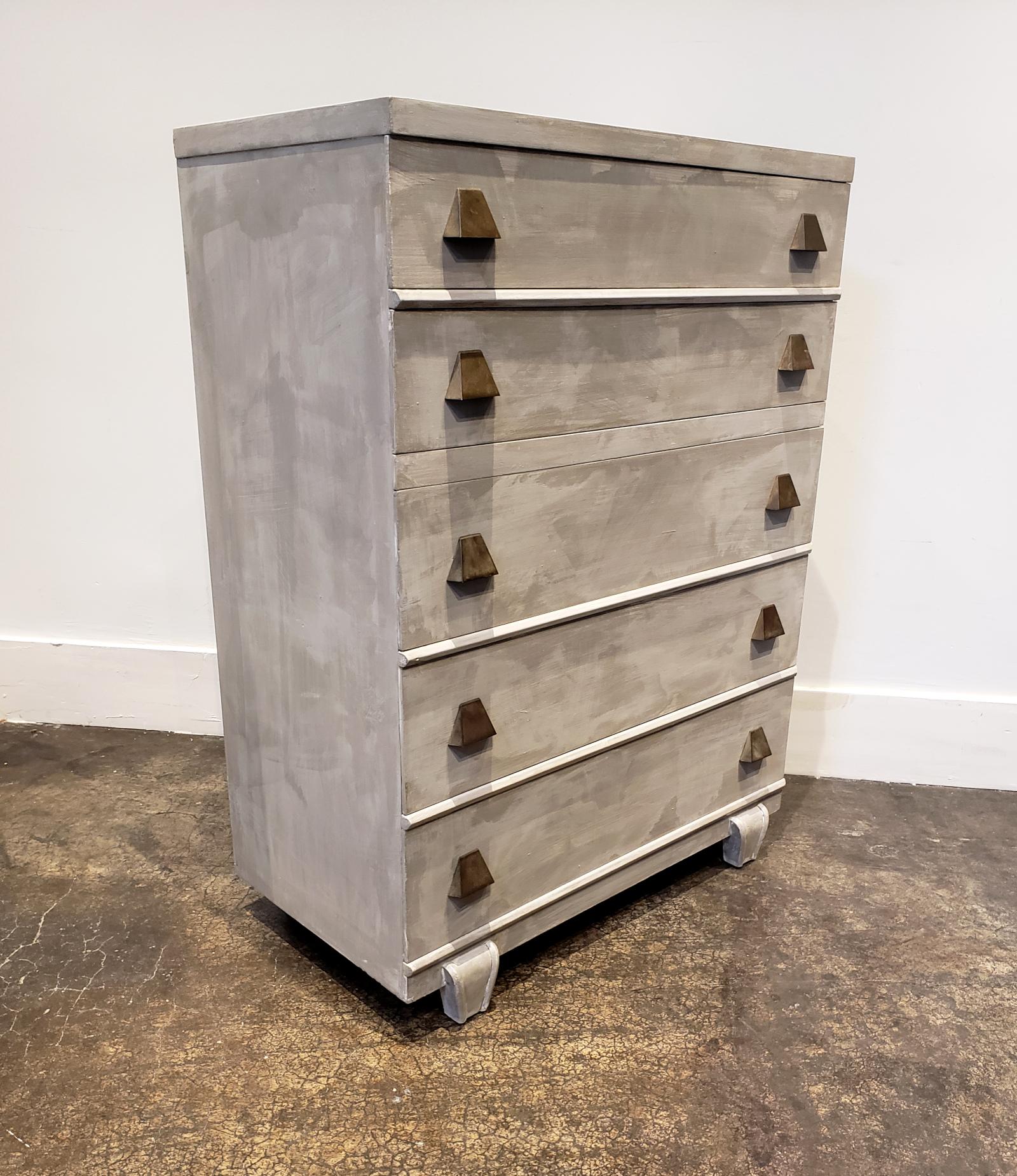 American Memphis Group Style Faux Concrete Chest with Brass Pulls For Sale