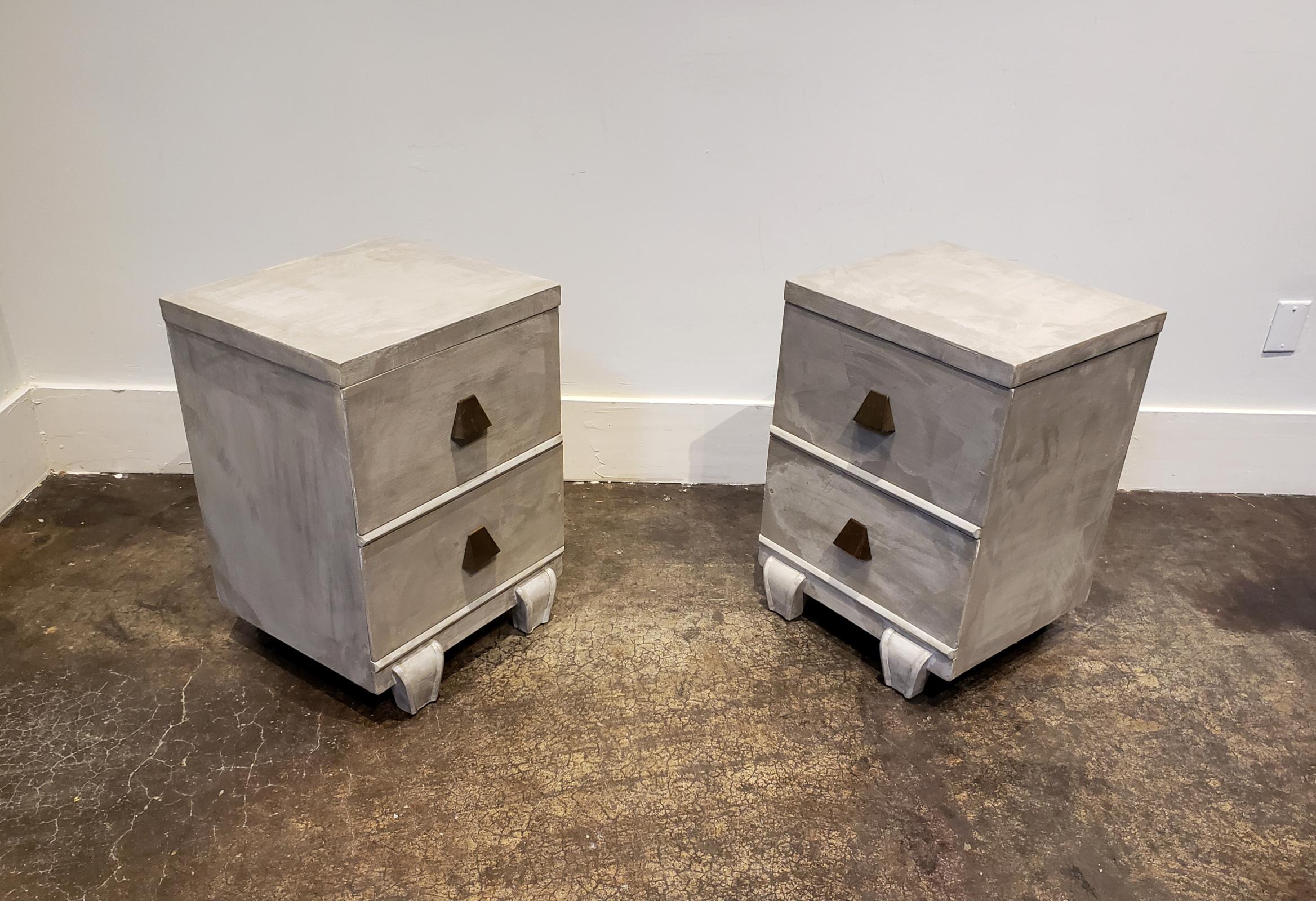 Modern Memphis Group Style Faux Concrete Nightstands with Brass Pulls For Sale