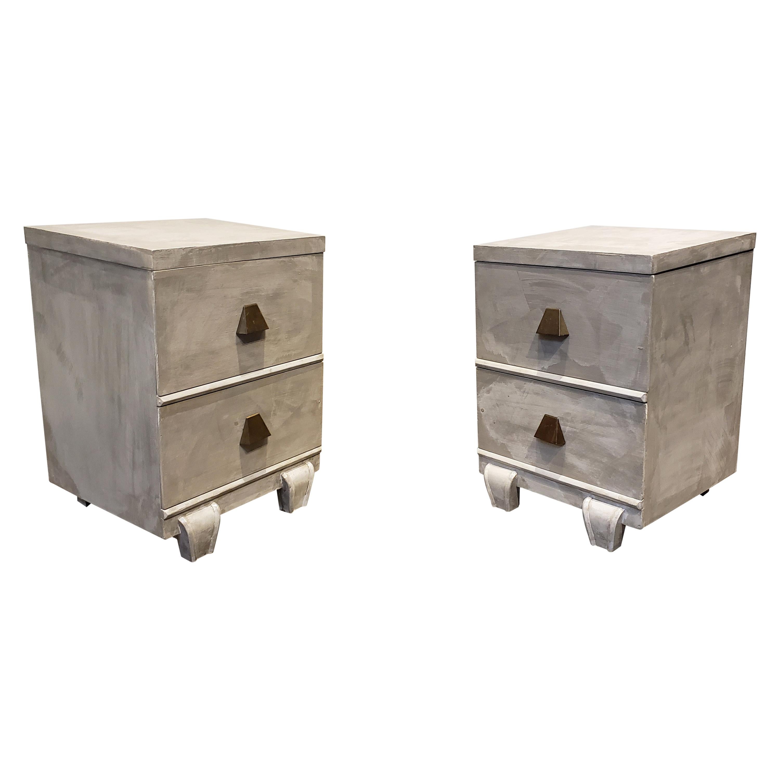 Memphis Group Style Faux Concrete Nightstands with Brass Pulls For Sale