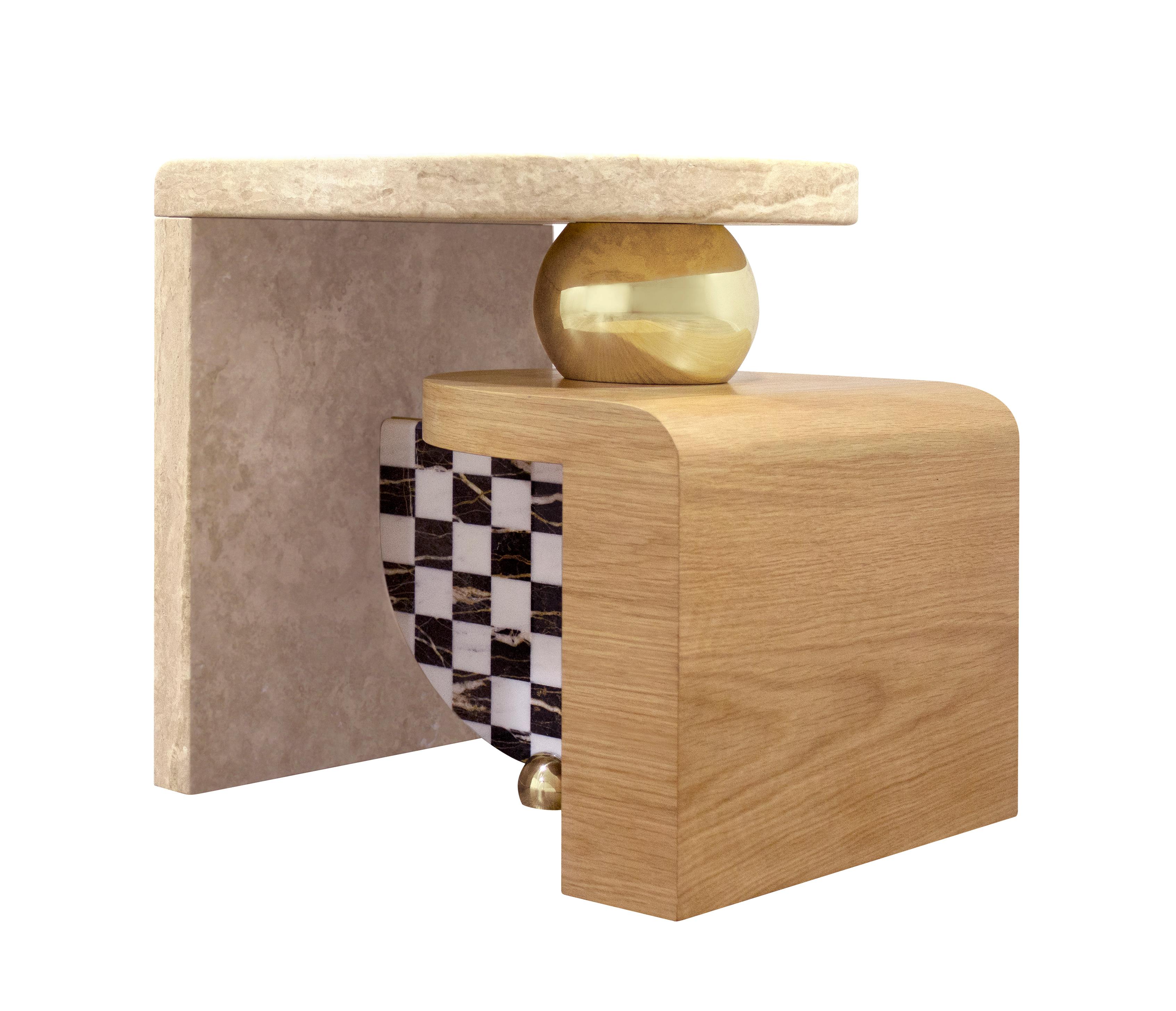 Contemporary Memphis-Inspired Bohld Side Table Travertine Oak Calactta Black and Gold Marble For Sale