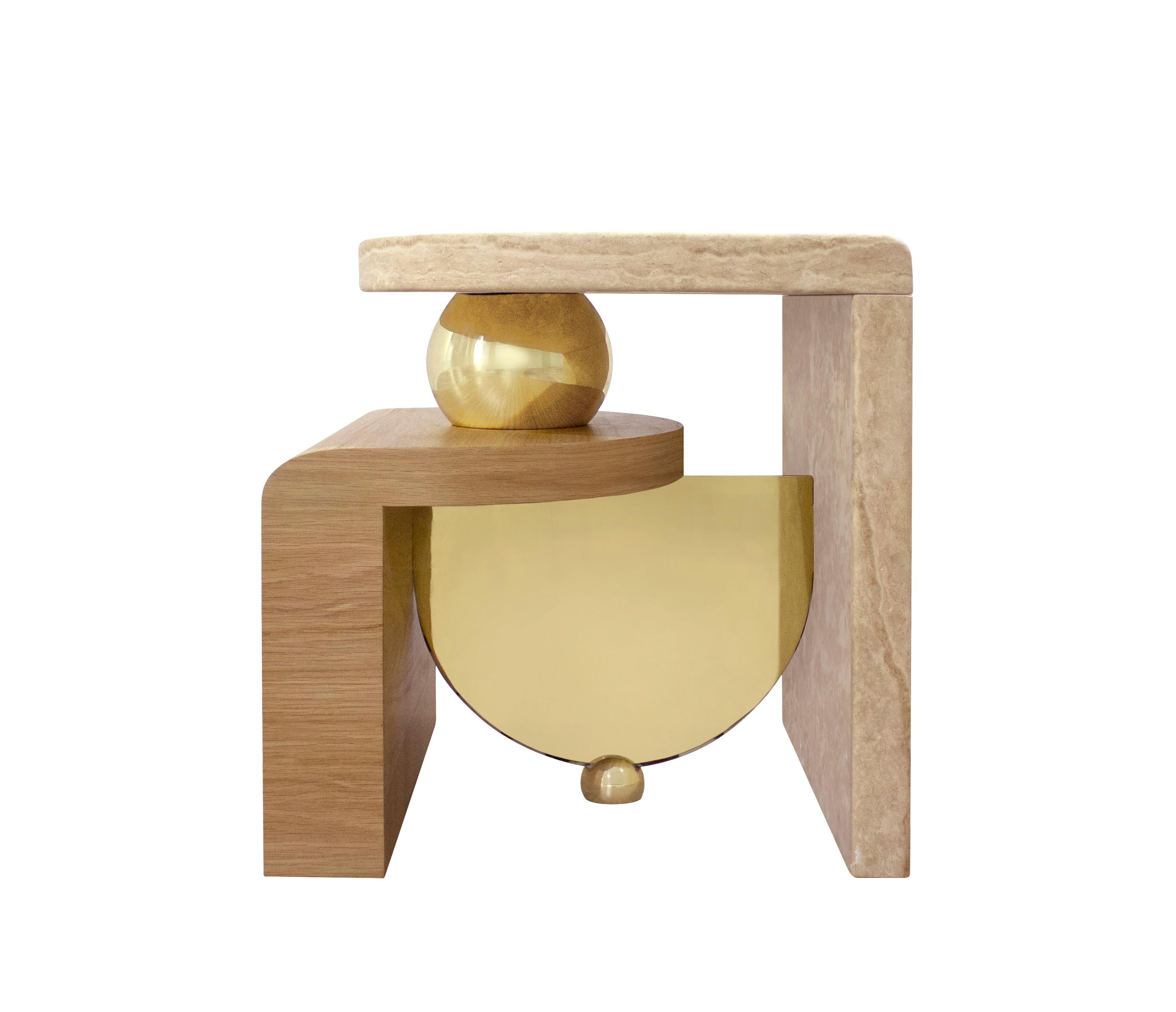 Brass Memphis-Inspired Bohld Side Table Travertine Oak Calactta Black and Gold Marble For Sale