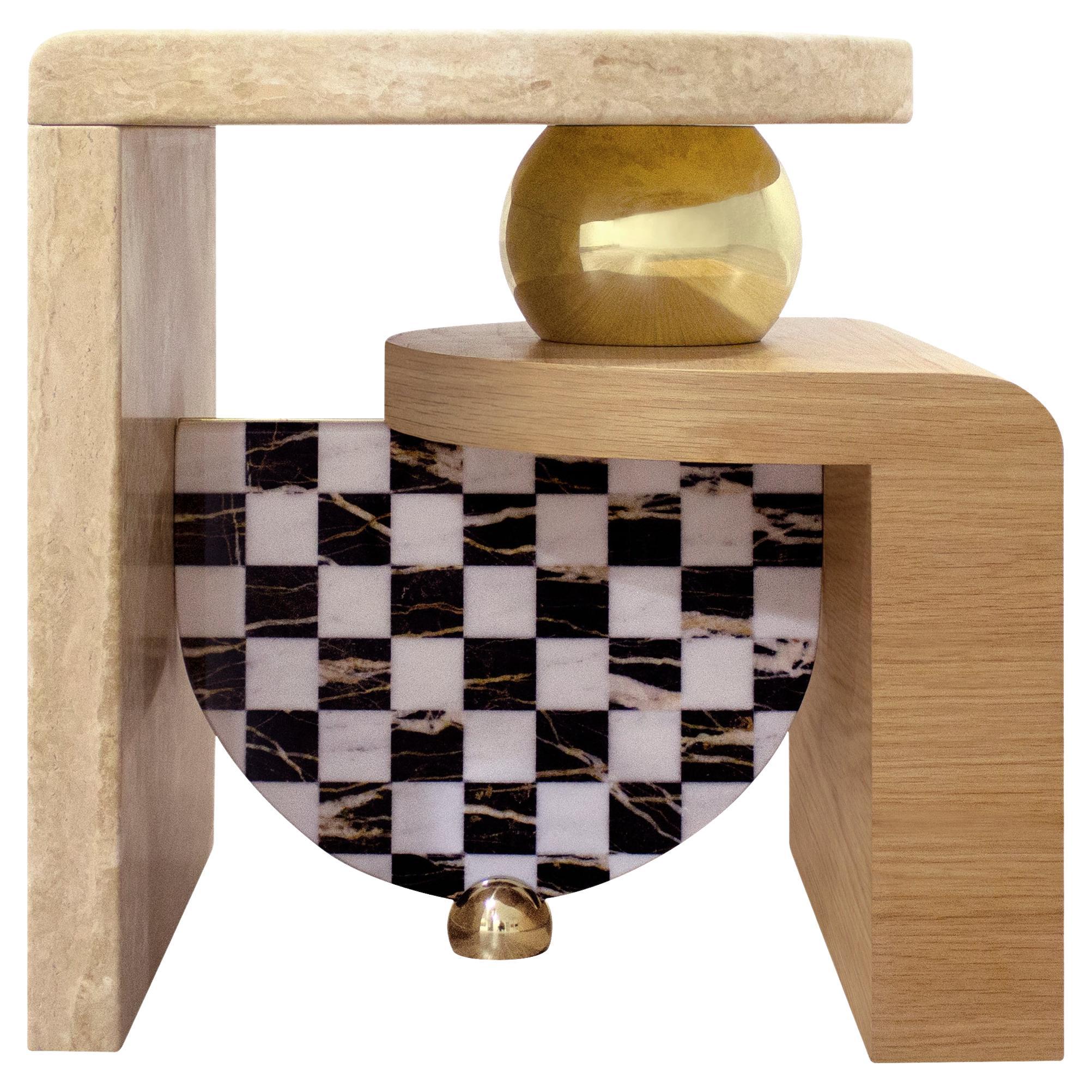 Memphis-Inspired Bohld Side Table Travertine Oak Calactta Black and Gold Marble For Sale