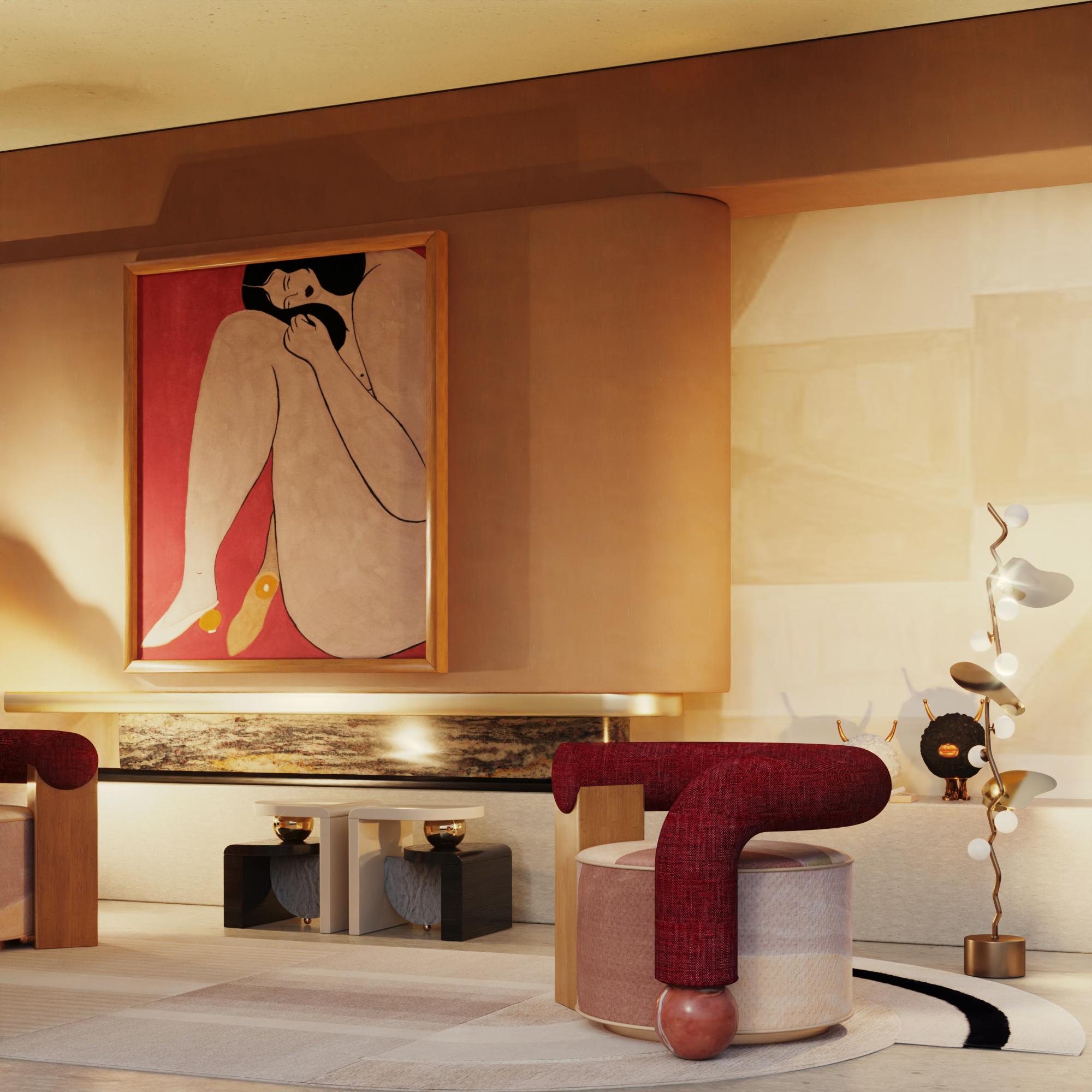 Memphis-Inspired Bohld Side Table Travertine Rosso Oak Marble by Malabar In New Condition For Sale In RIO TINTO, PT