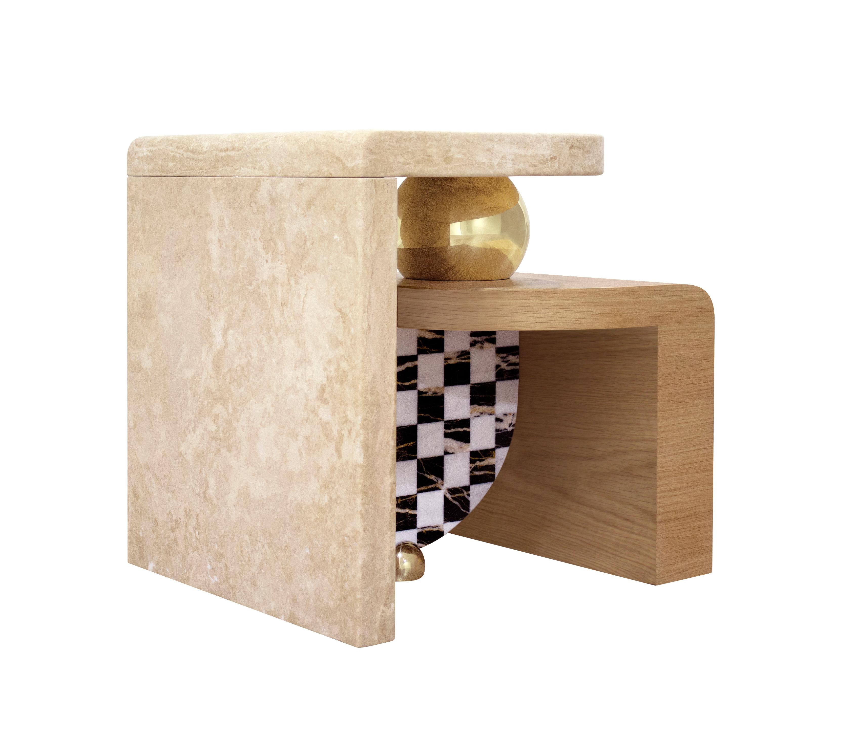 Contemporary Memphis-Inspired Bohld Side Table Travertine Rosso Oak Marble by Malabar For Sale